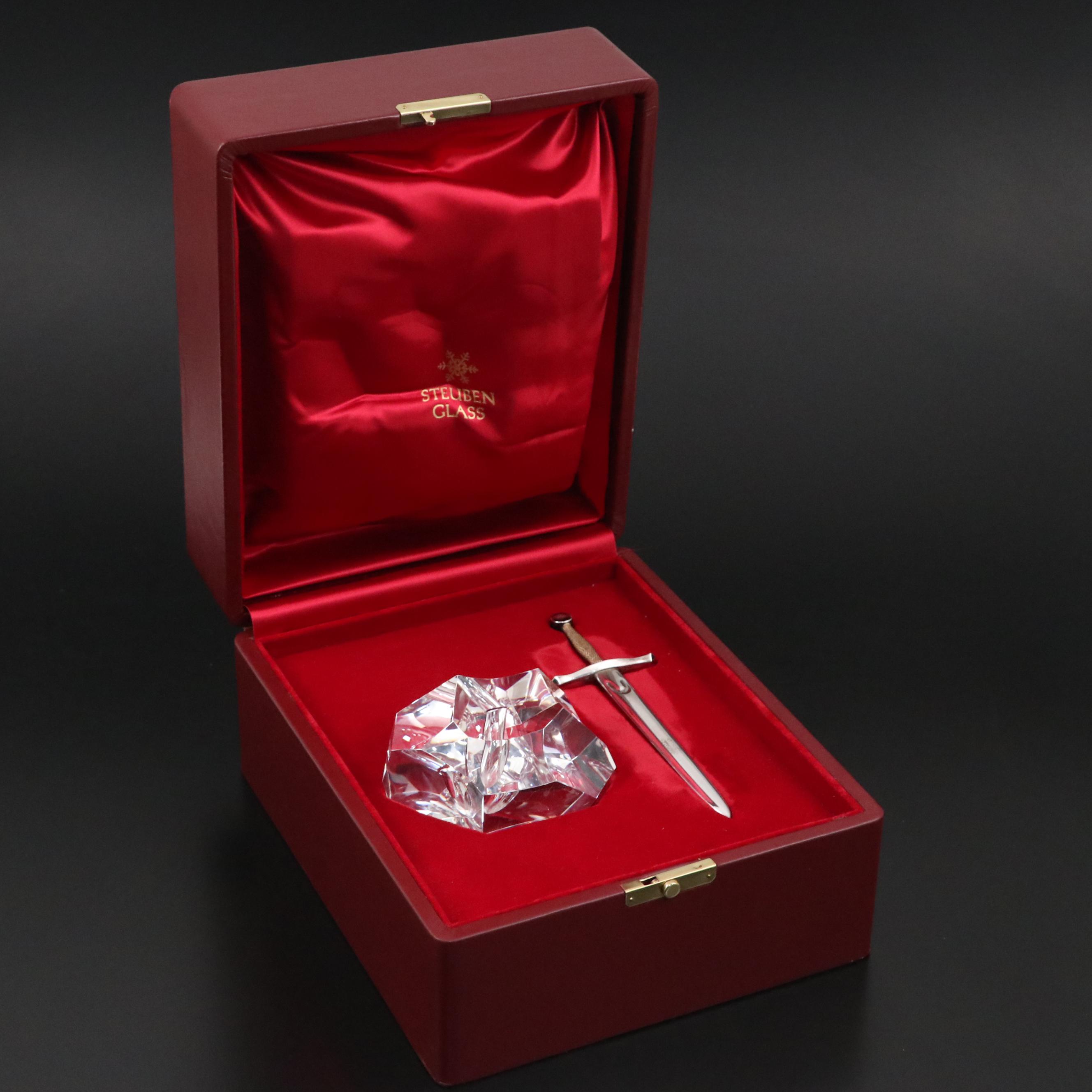 Steuben "Excalibur" Art Glass Paperweight and Sterling Silver Letter Opener