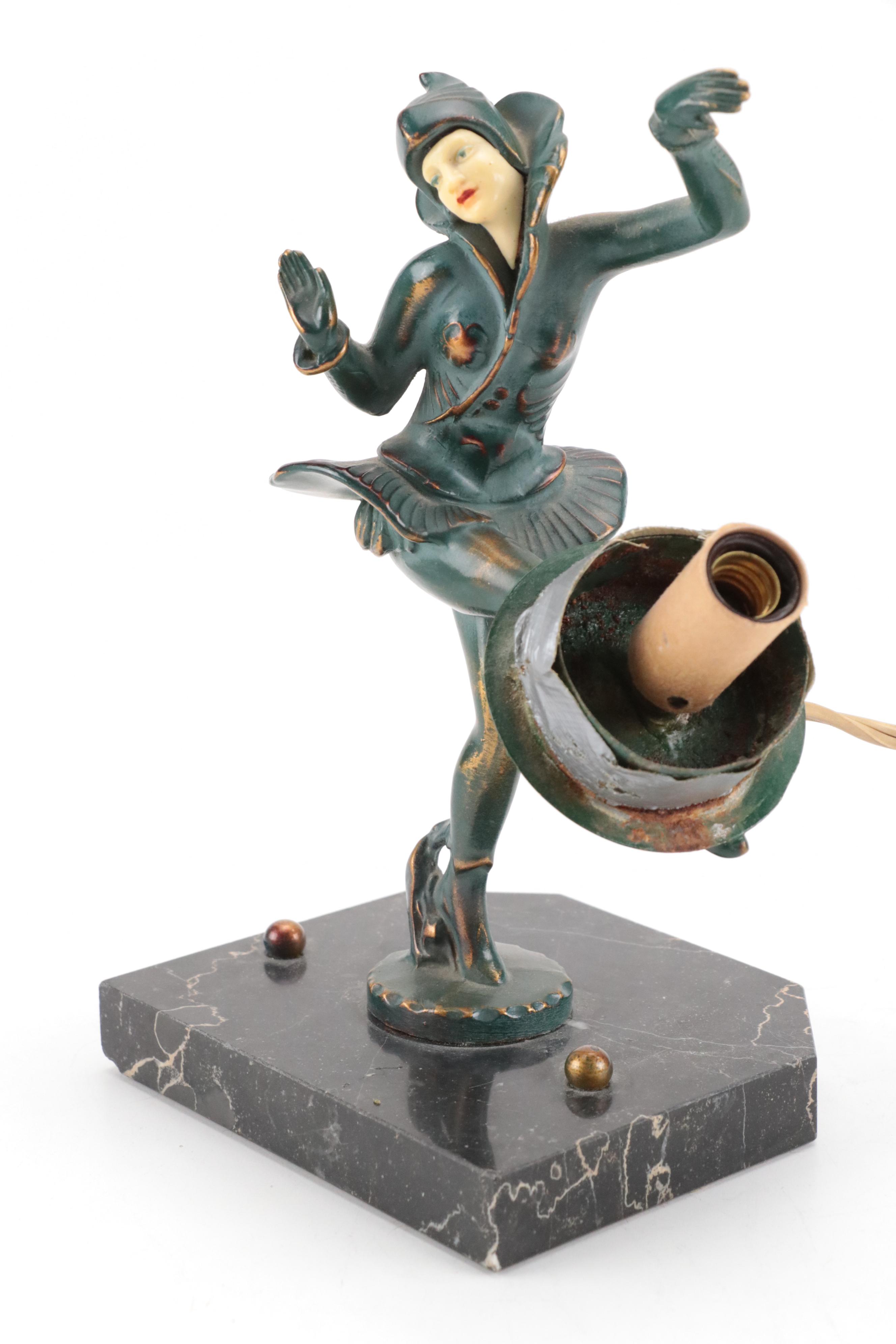 Art Deco Spelter Harlequin Table Lamp with Marble Base, Early 20th Century