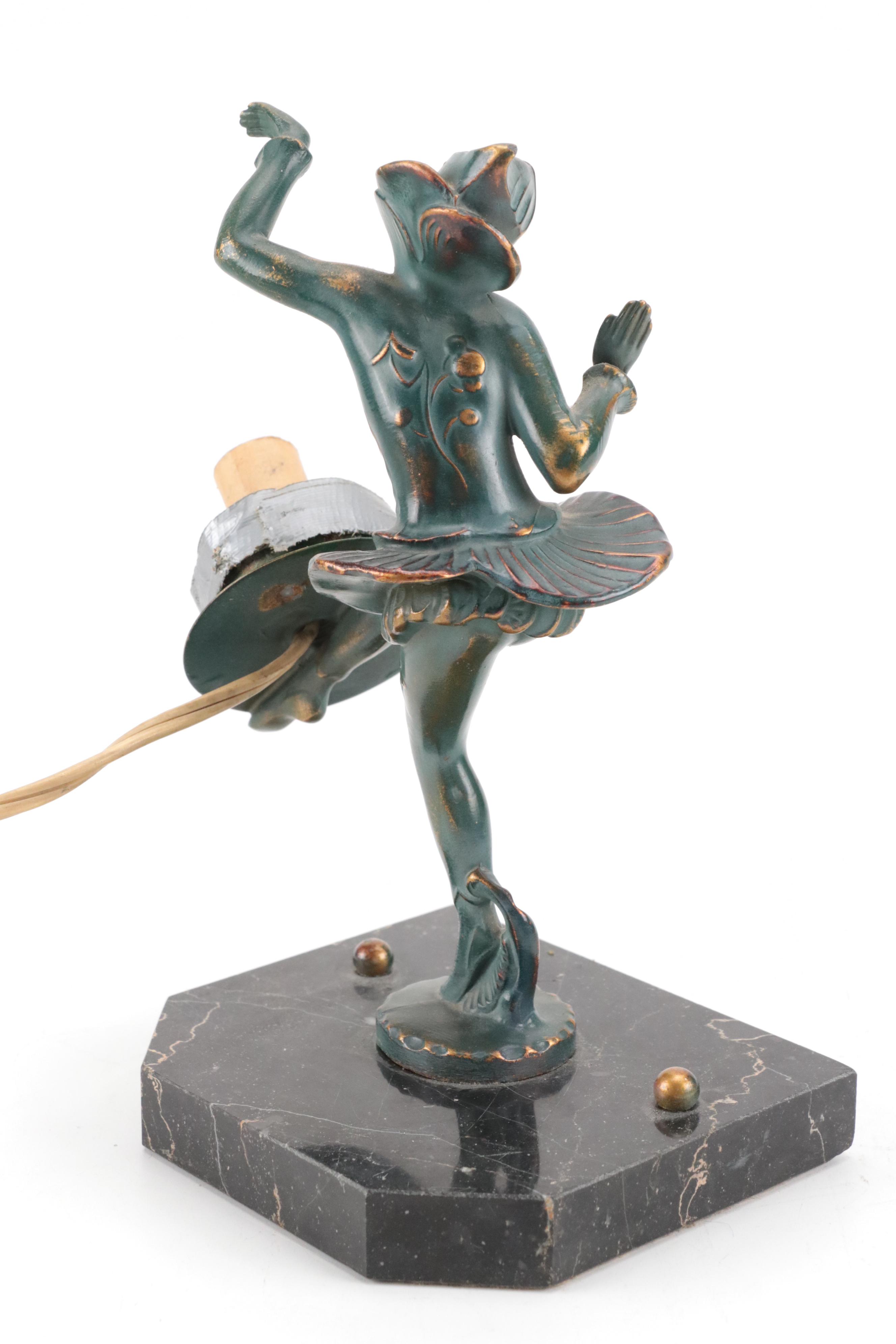 Art Deco Spelter Harlequin Table Lamp with Marble Base, Early 20th Century