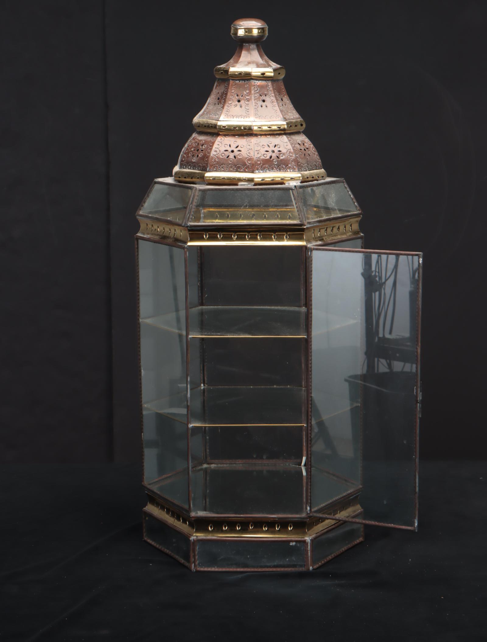 Hexagonal Glass and Metal Display Cabinet Table Lamp