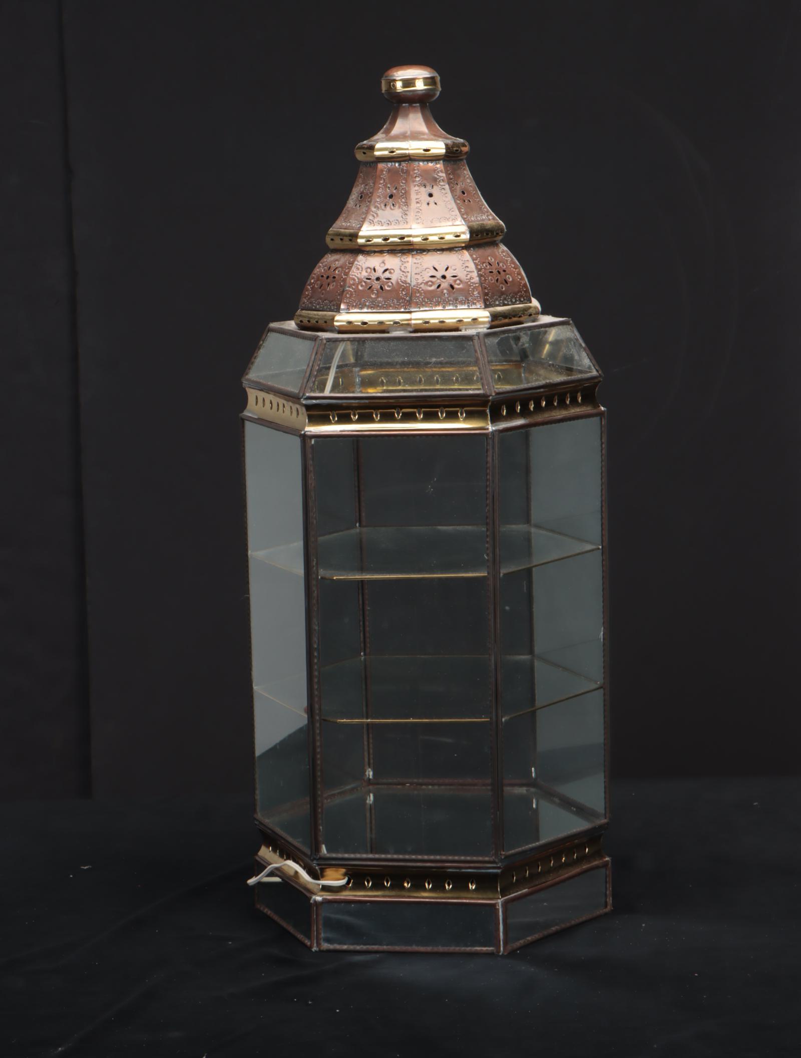 Hexagonal Glass and Metal Display Cabinet Table Lamp
