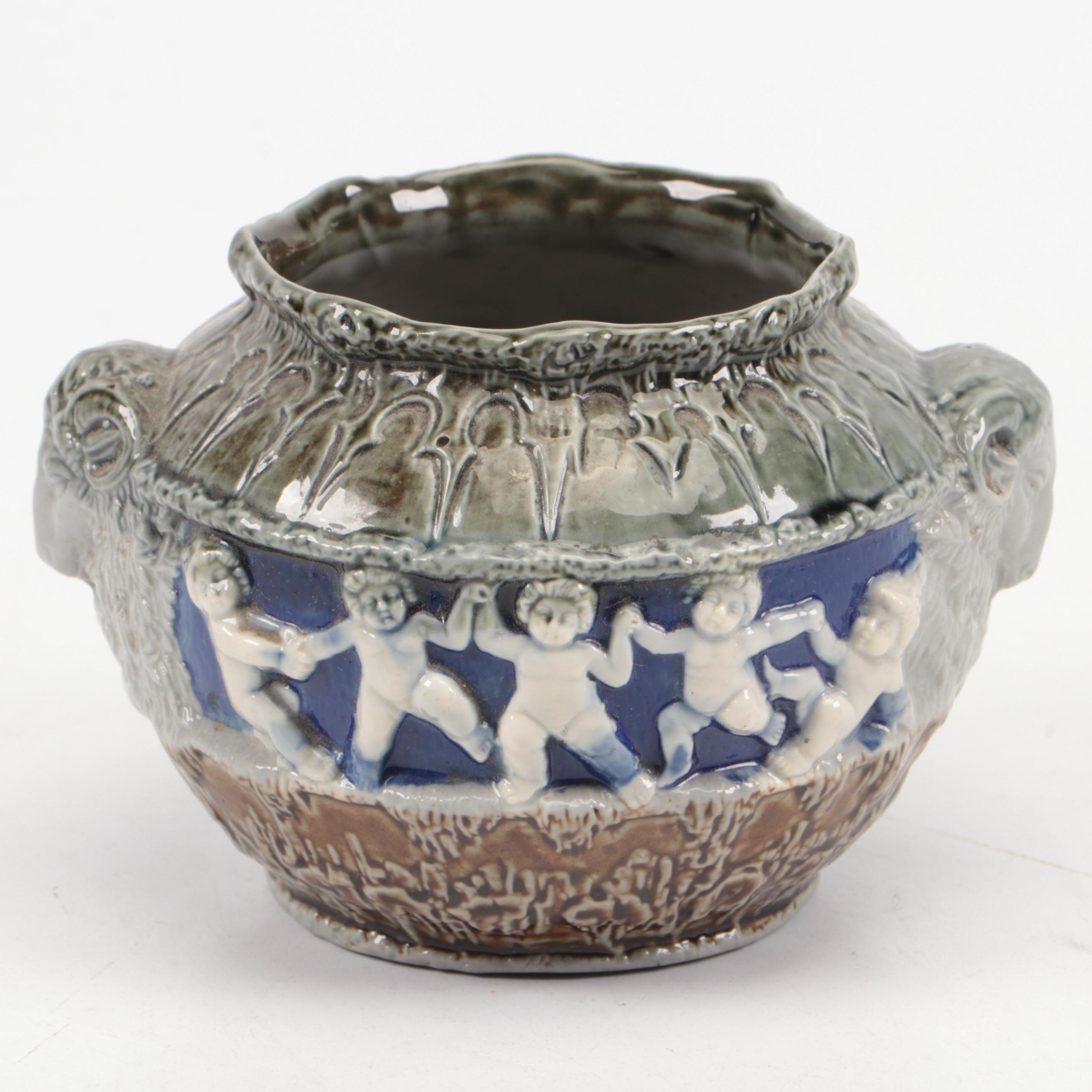 Schäfer & Vater German Majolica Ram's Head Handled Rose Bowl