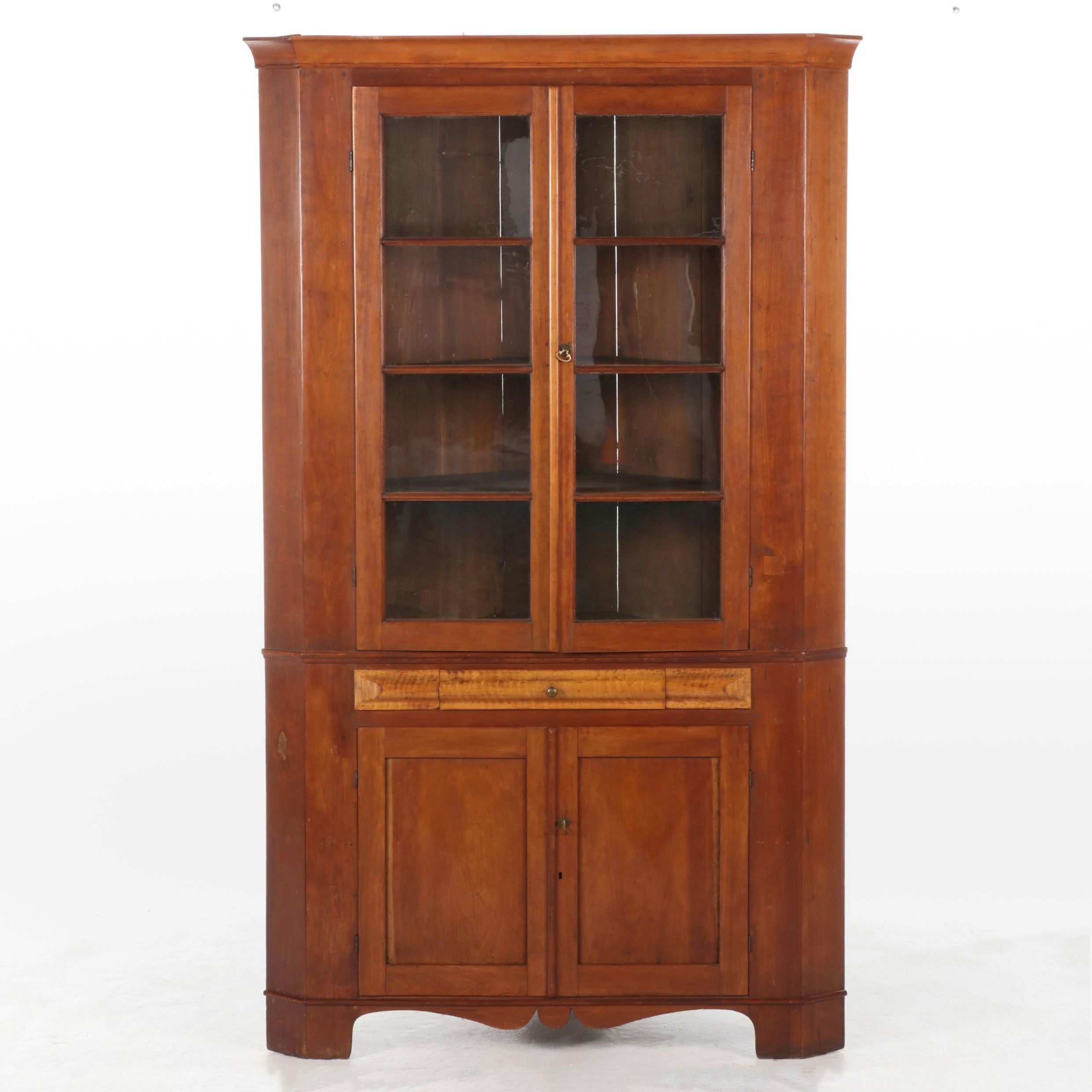 Federal Style Cherry and Tiger Maple Glass Front Corner Cabinet, 19th Century