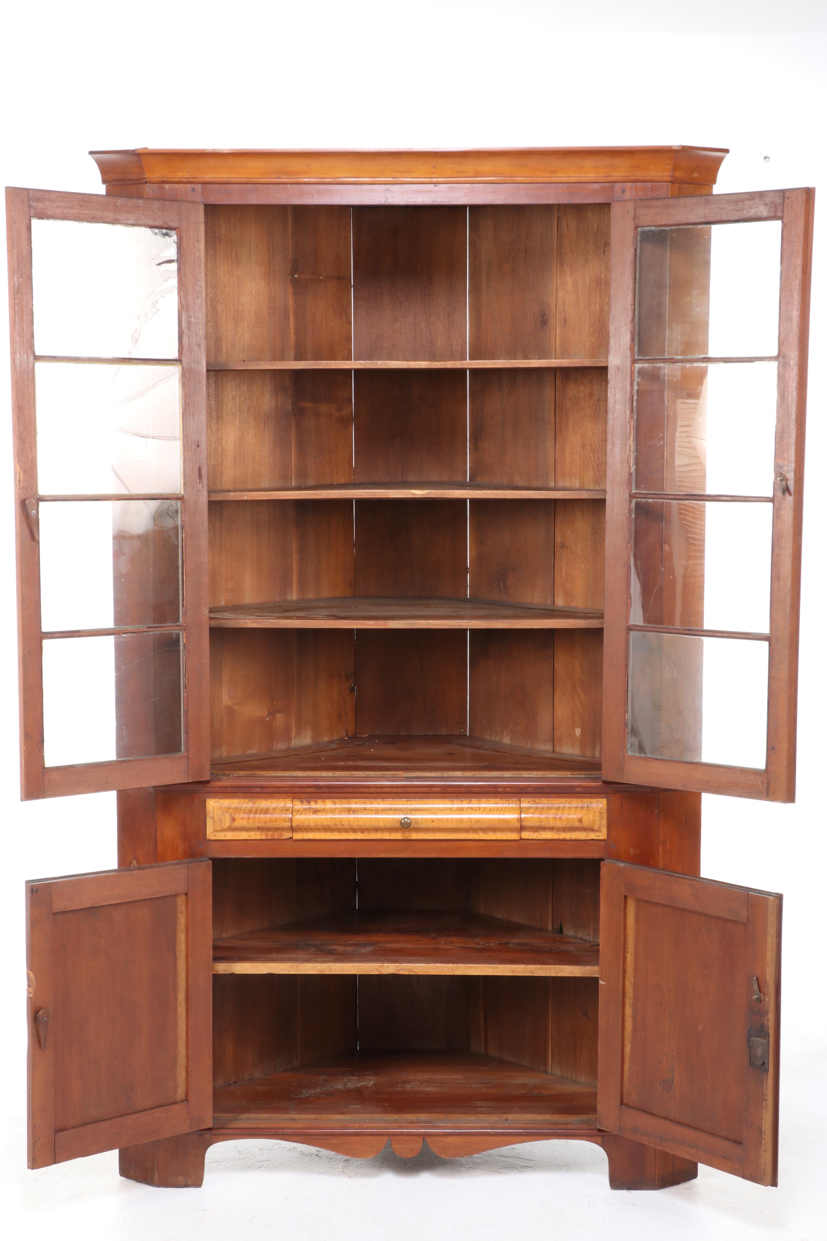 Federal Style Cherry and Tiger Maple Glass Front Corner Cabinet, 19th Century