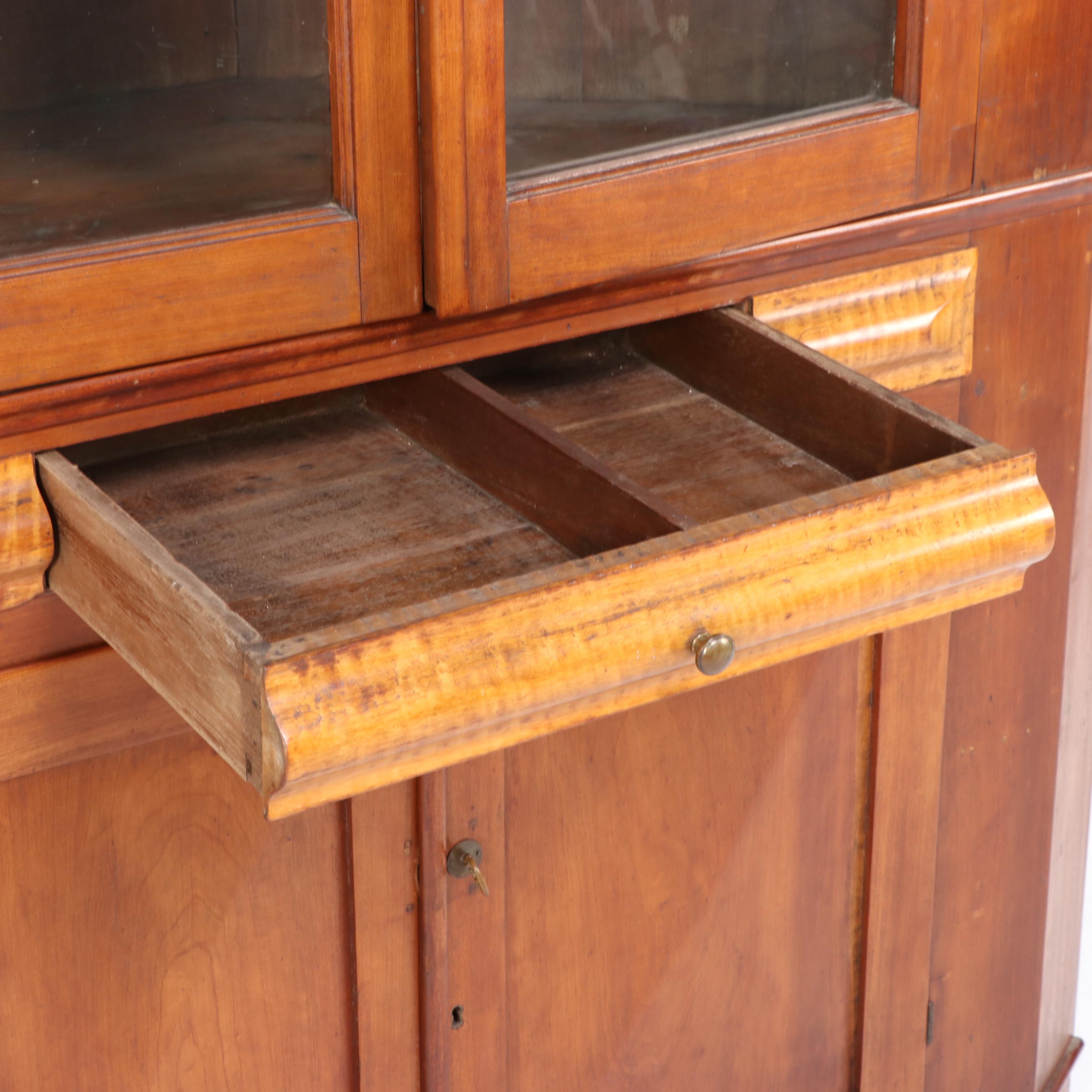 Federal Style Cherry and Tiger Maple Glass Front Corner Cabinet, 19th Century