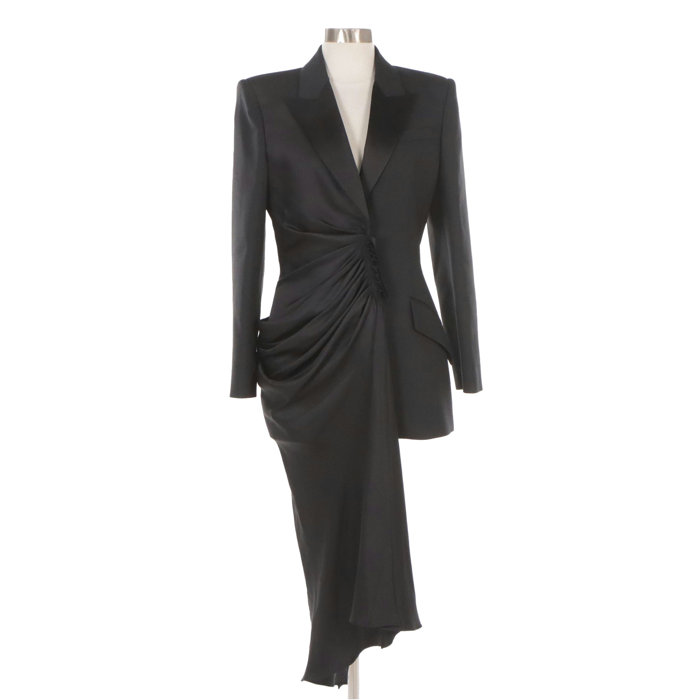 Alexander McQueen Black Two-Button Tuxedo Jacket with Pleated Drape Detail
