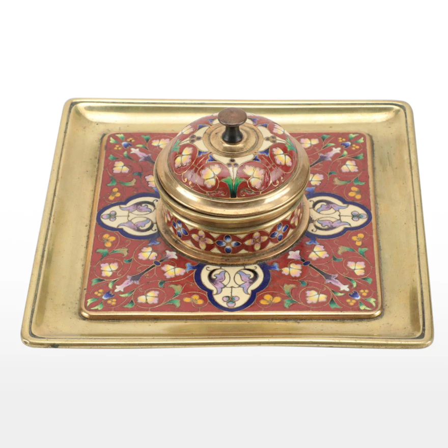 French Style Brass Champlevé Enamel Square Inkwell with Floral Motifs ...