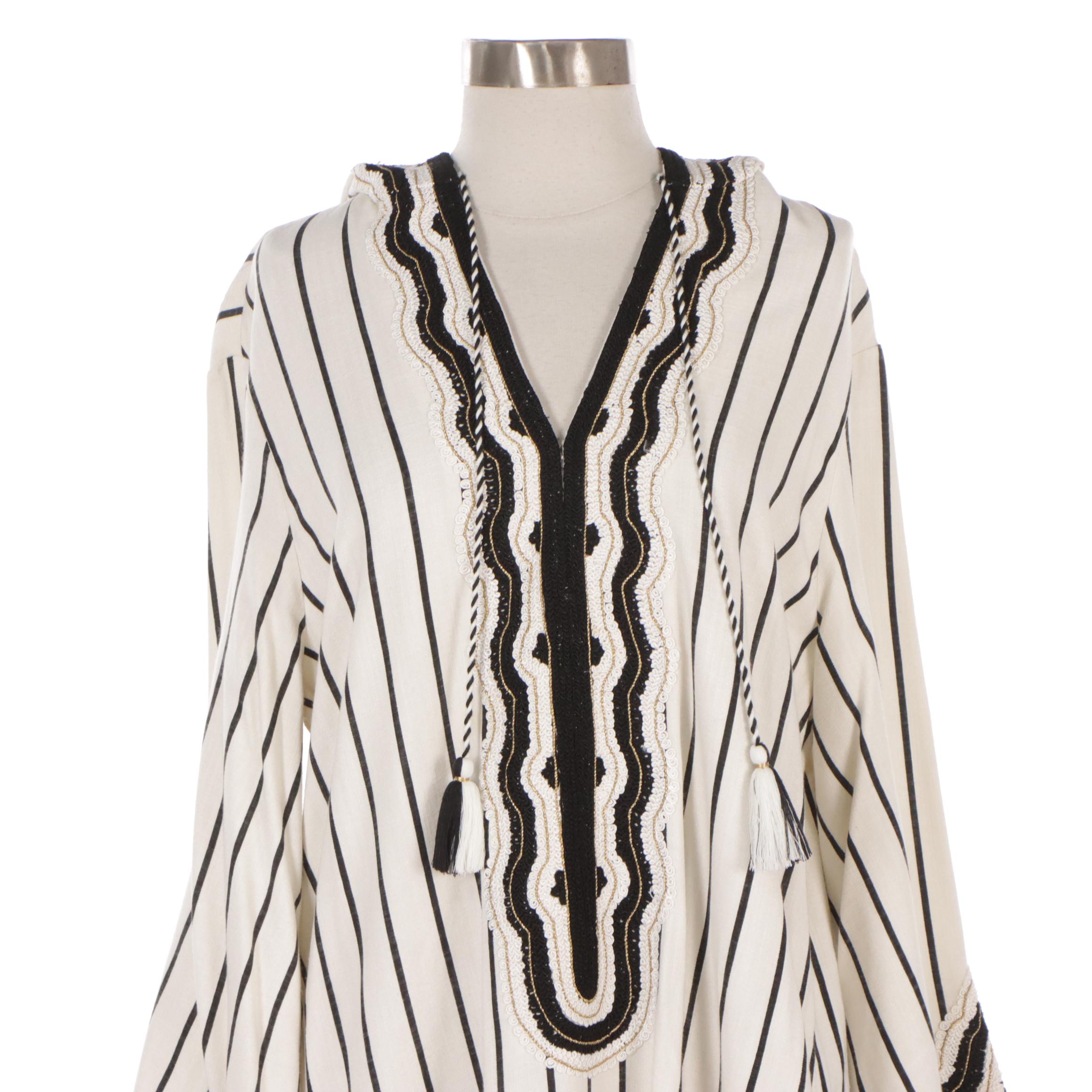 Tory Burch Savonna Striped Hooded Caftan Dress with Embroidery/Metallic Detail