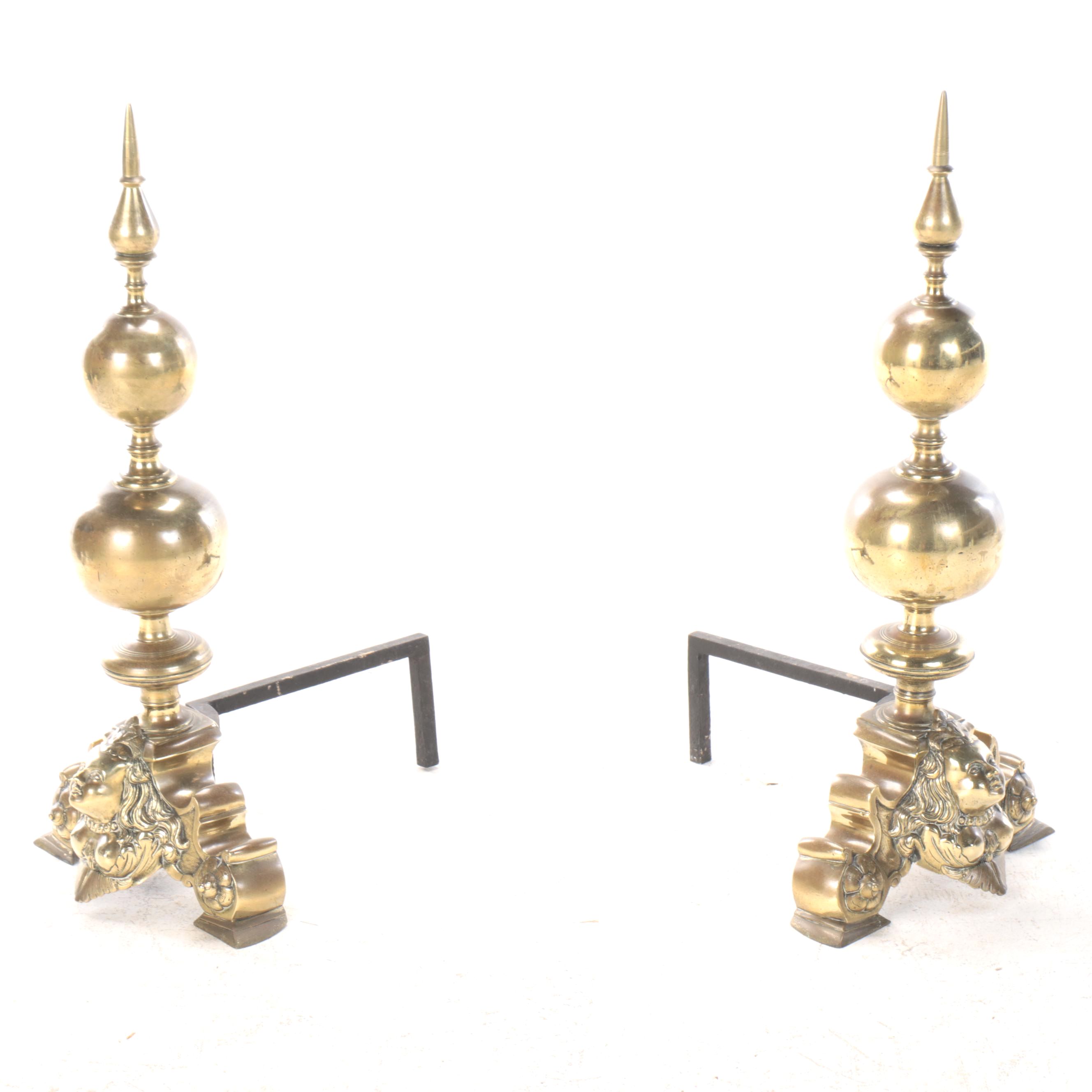 Victorian Gothic Style Cannonball Brass Andirons, Late 19th/Early 20th C.