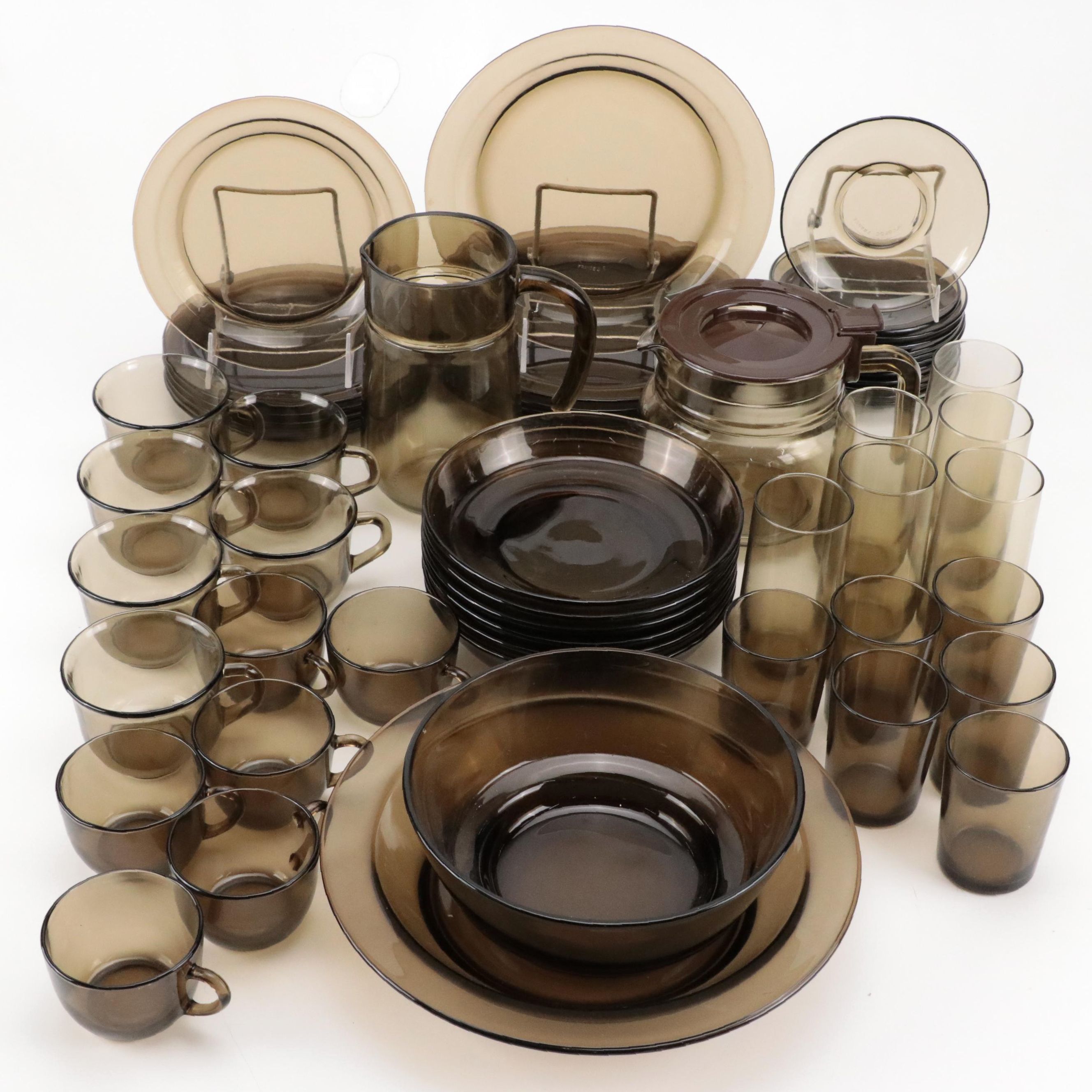 Vereco French Smoked Glass Dinnerware and Serving Pieces, 1970s