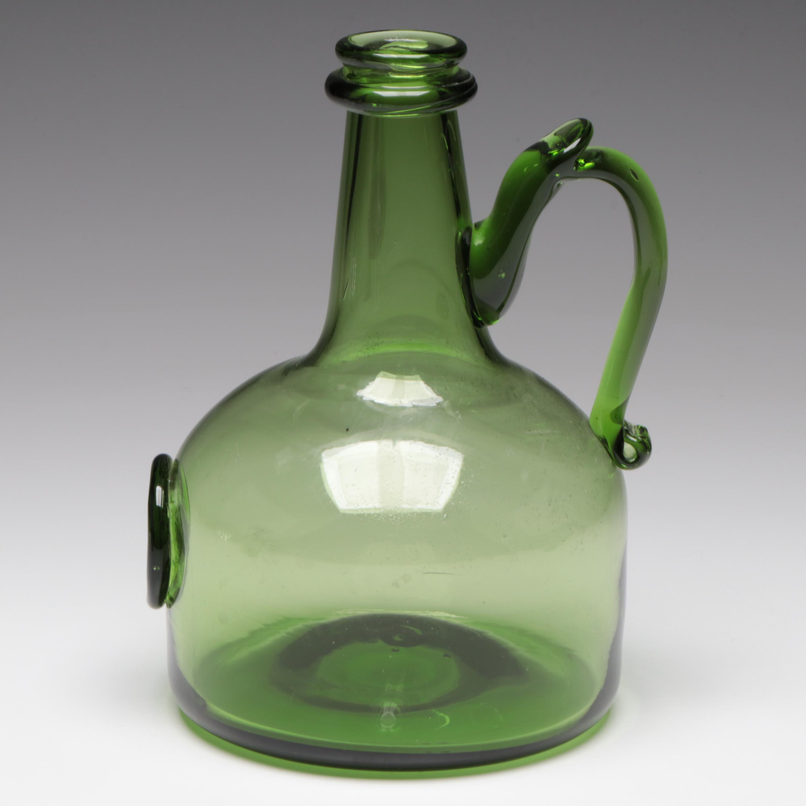 Jamestown Glasshouse Handblown Embossed Green Glass Bottle and Candle Holders