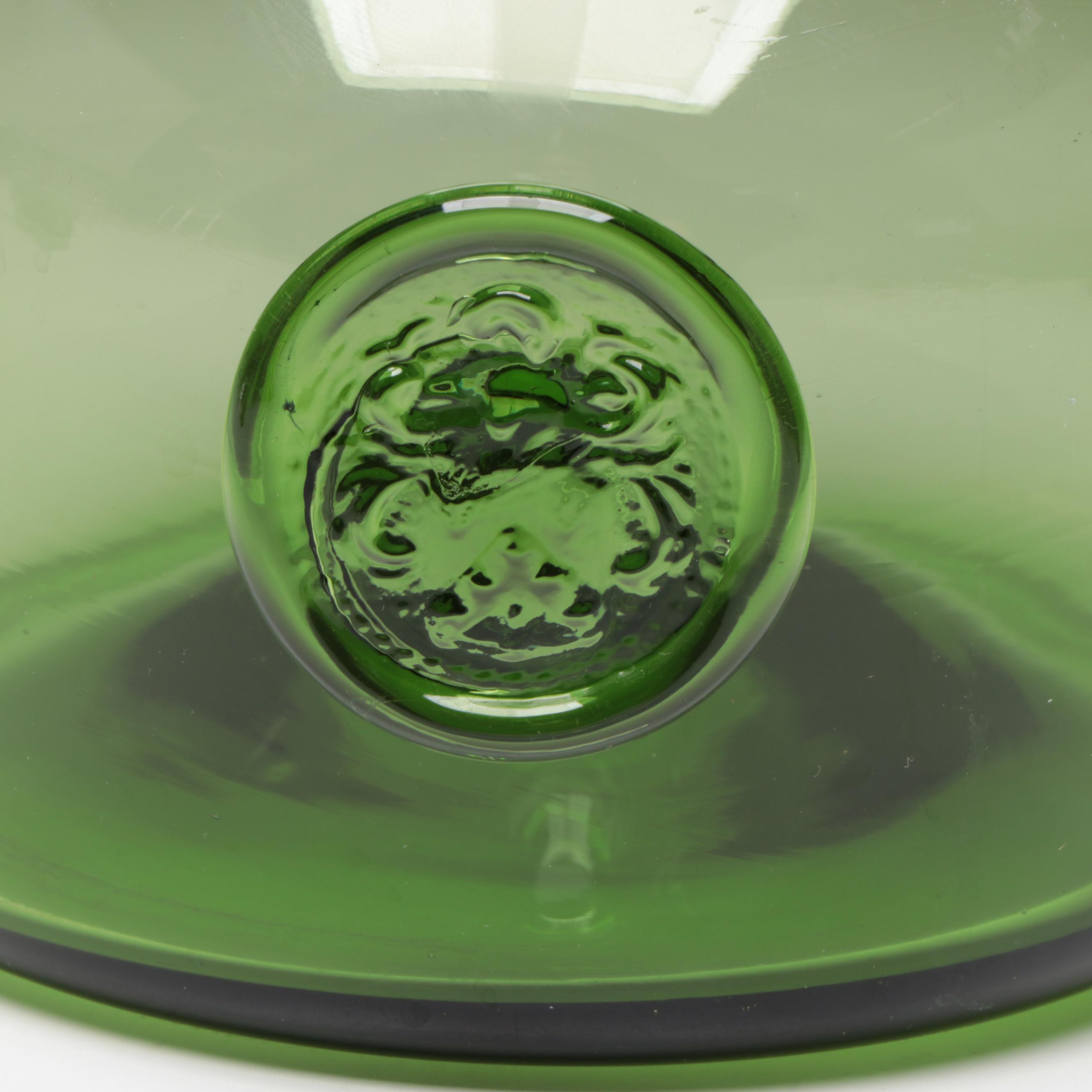 Jamestown Glasshouse Handblown Embossed Green Glass Bottle and Candle Holders