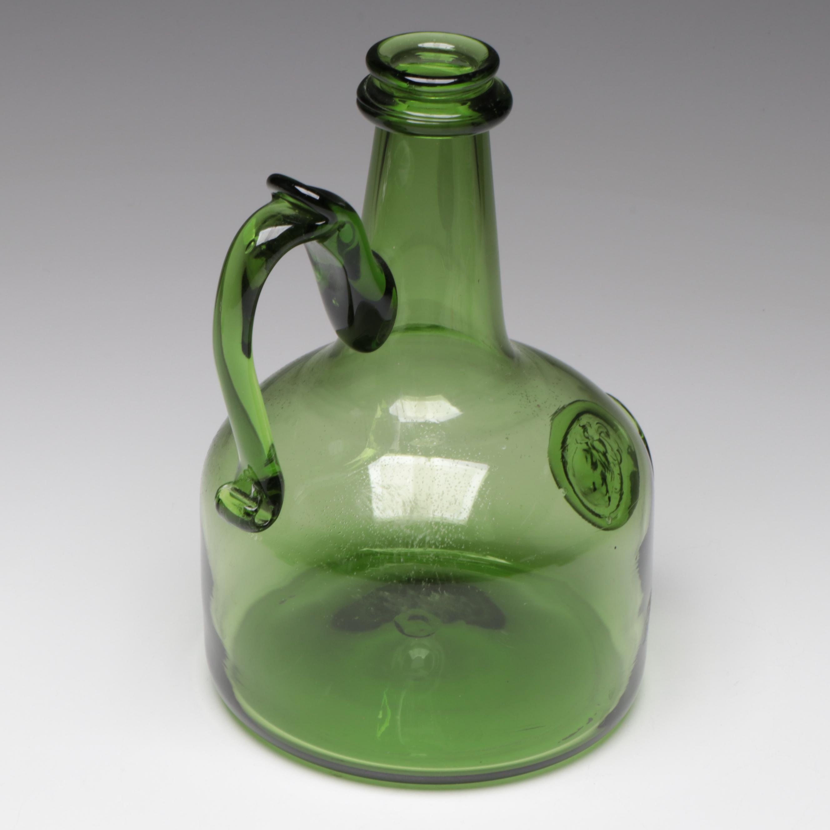 Jamestown Glasshouse Handblown Embossed Green Glass Bottle and Candle Holders
