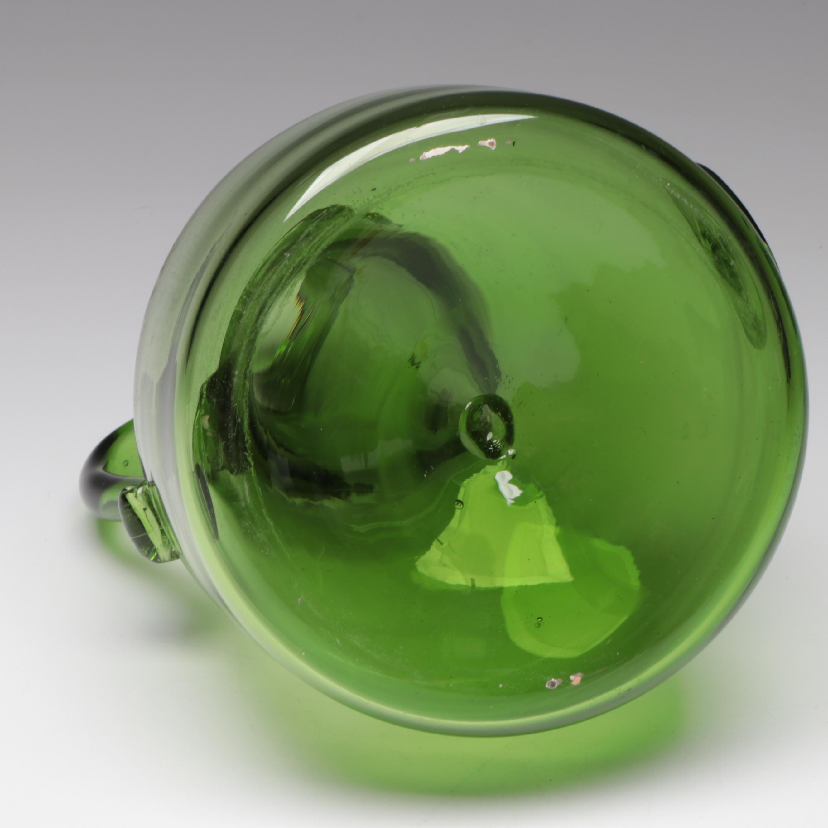 Jamestown Glasshouse Handblown Embossed Green Glass Bottle and Candle Holders