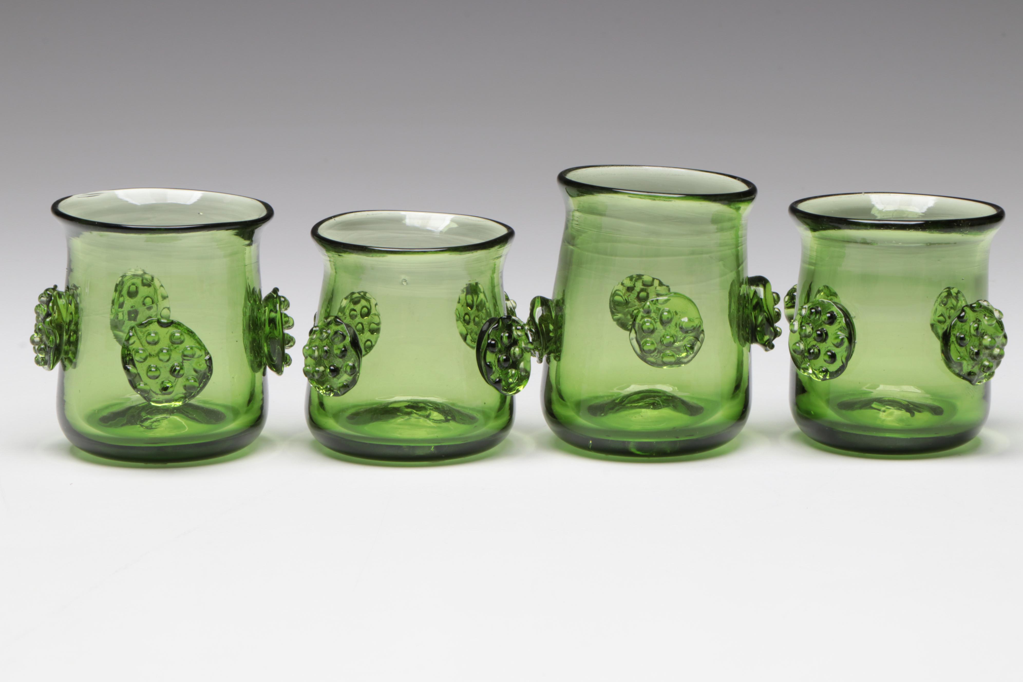 Jamestown Glasshouse Handblown Embossed Green Glass Bottle and Candle Holders
