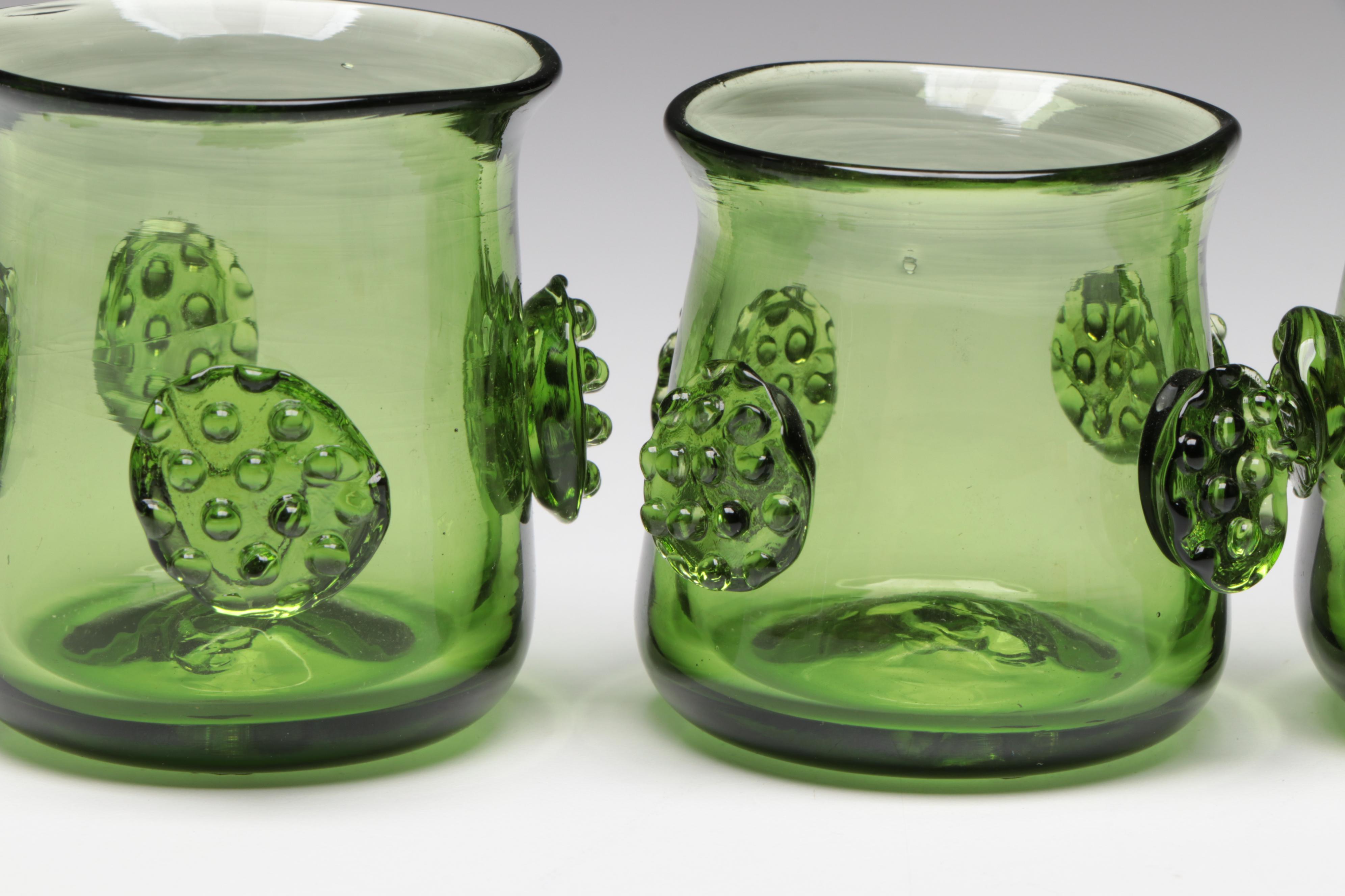 Jamestown Glasshouse Handblown Embossed Green Glass Bottle and Candle Holders