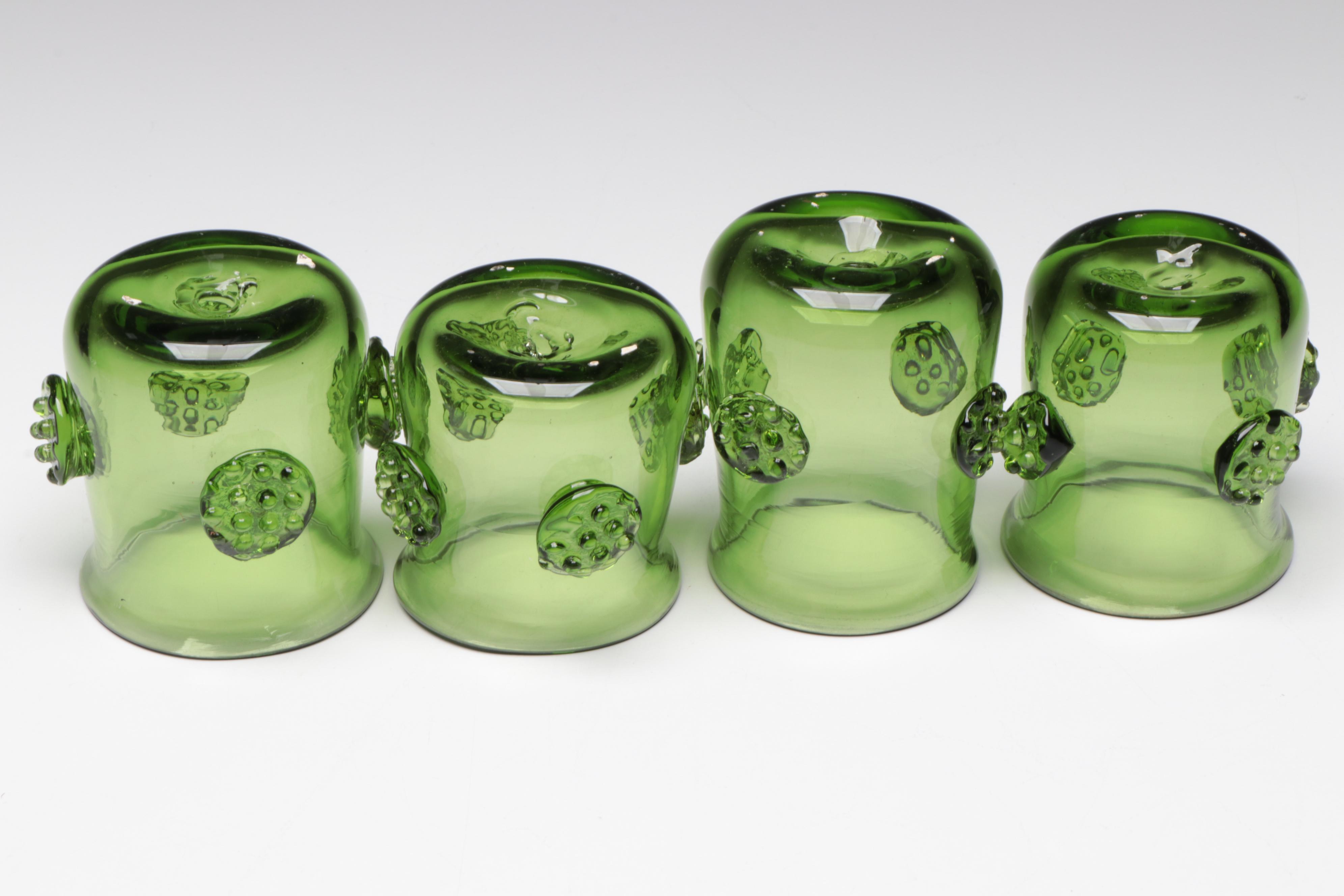 Jamestown Glasshouse Handblown Embossed Green Glass Bottle and Candle Holders