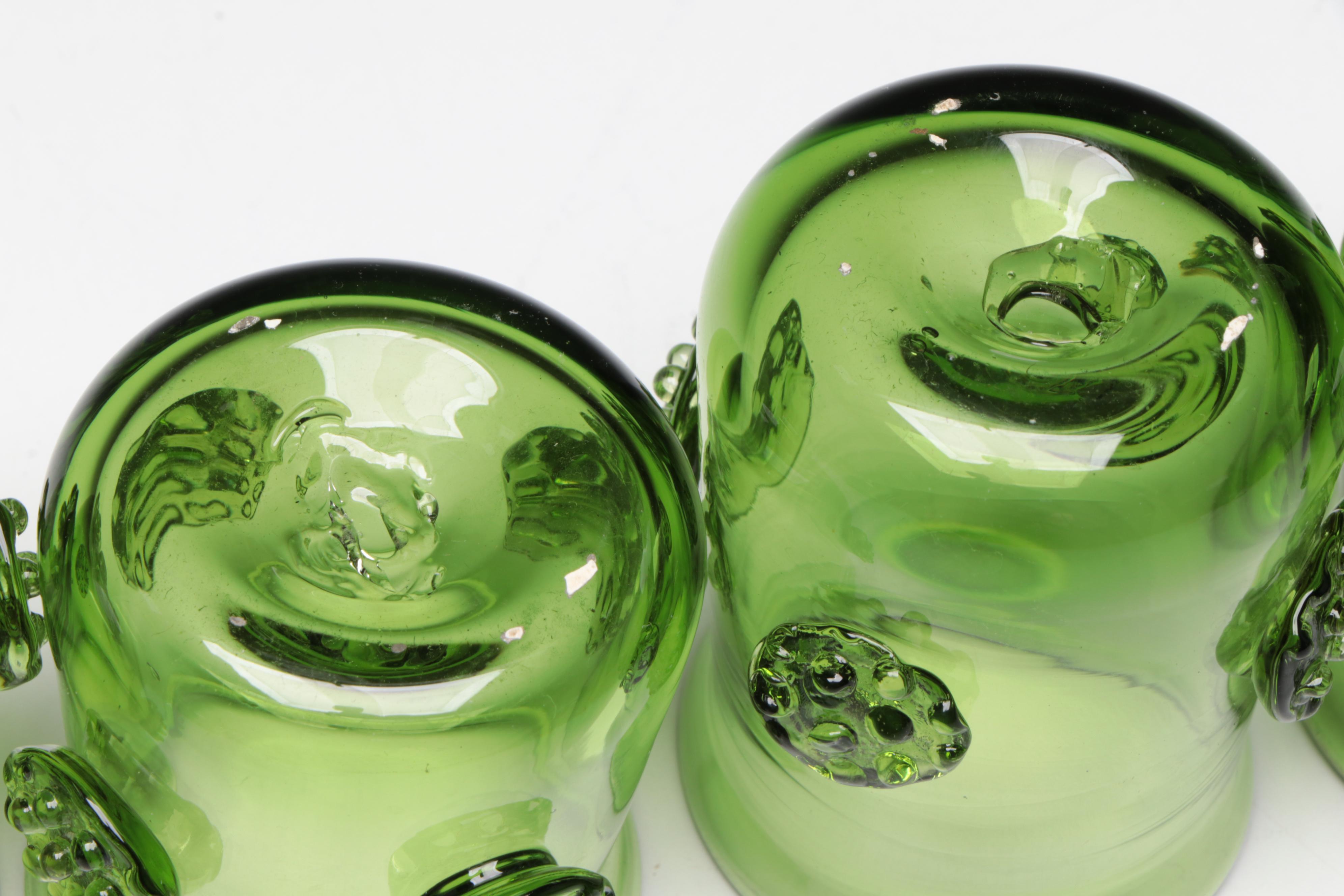 Jamestown Glasshouse Handblown Embossed Green Glass Bottle and Candle Holders