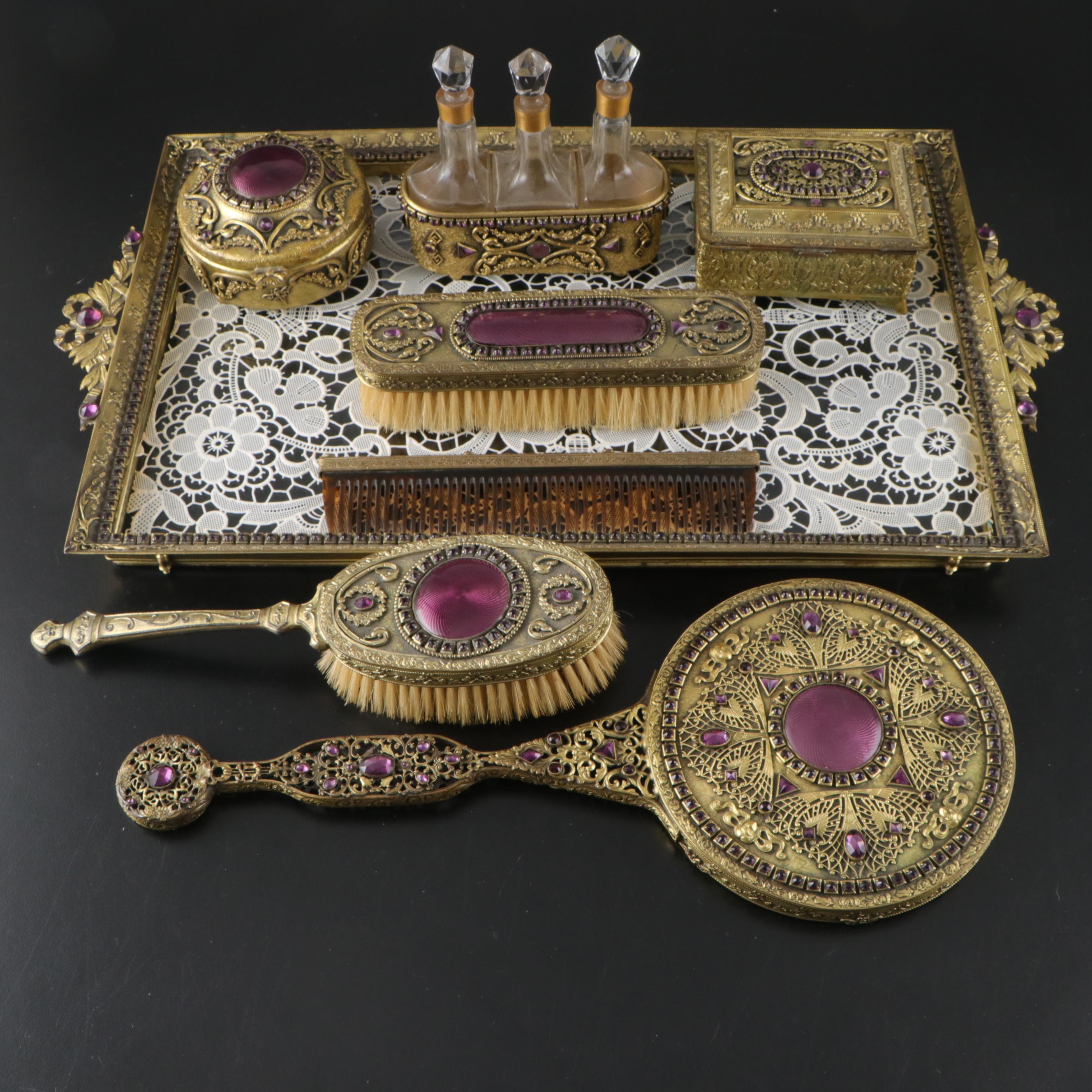 E & J Bass Inc. Empire Art Gold Guilloché and Bejeweled Vanity Set, c. 1920