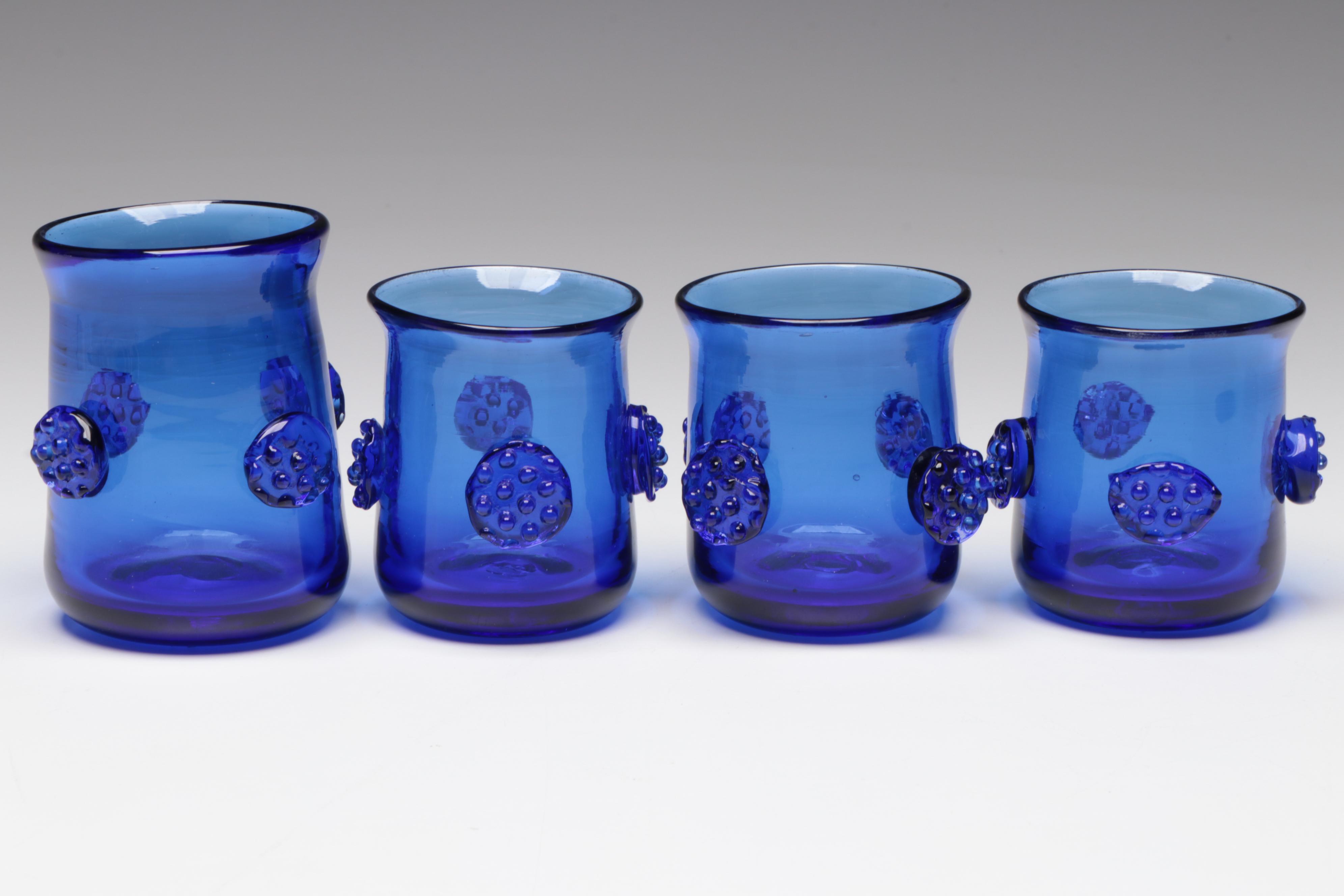 Jamestown Glasshouse Handblown Cobalt Blue Glass Bottle and Candle Holders