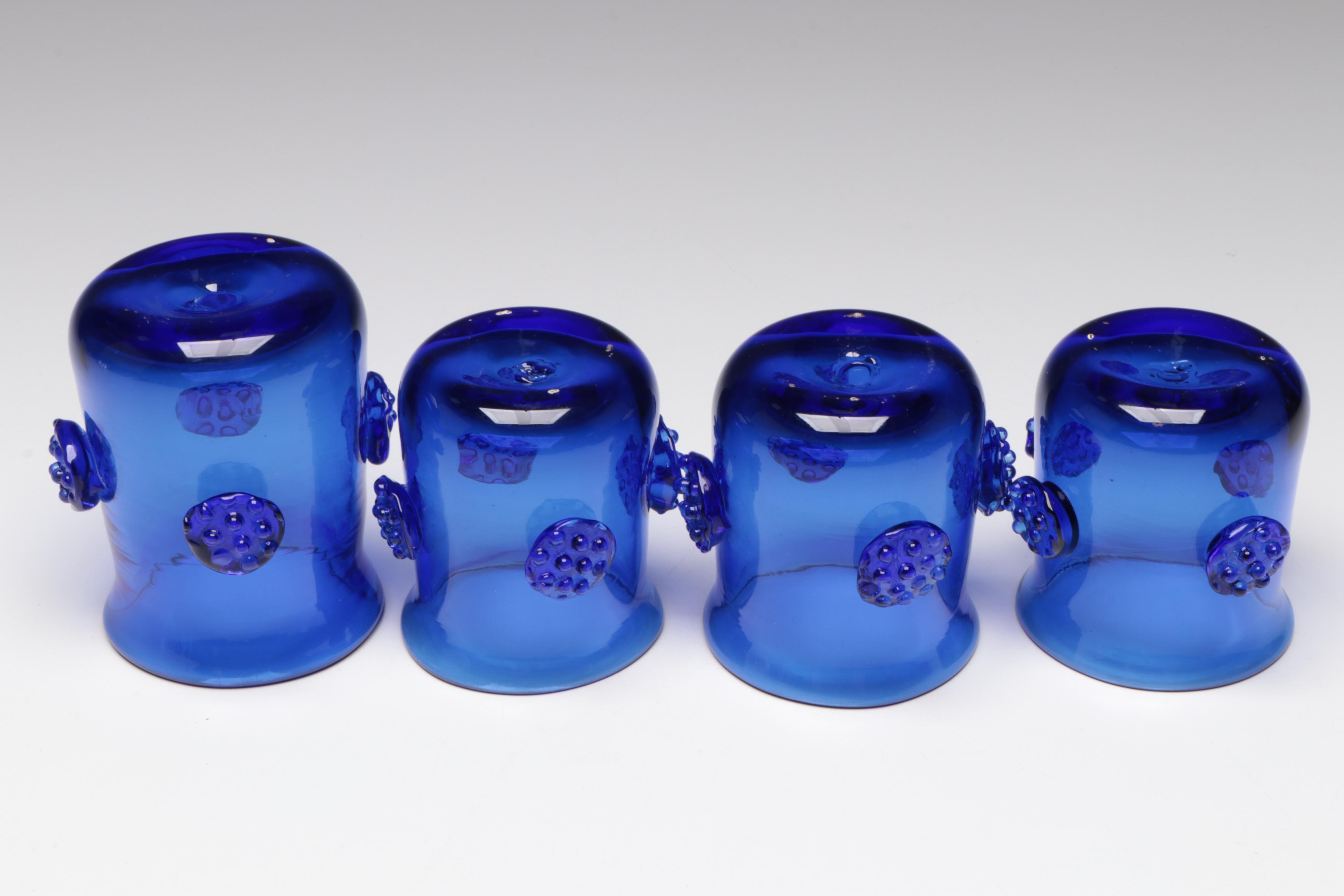 Jamestown Glasshouse Handblown Cobalt Blue Glass Bottle and Candle Holders