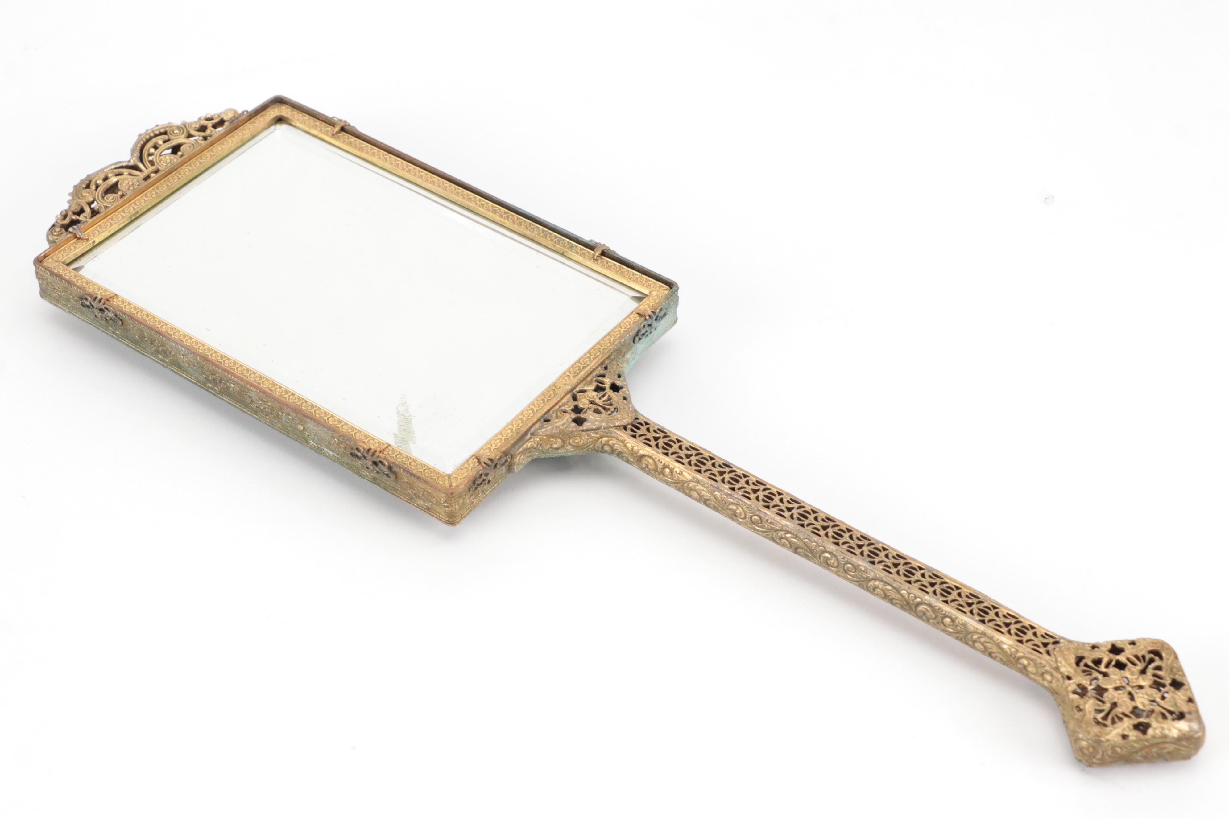 Filigree Hand Mirror with Enameled Compact Mirror, Mirror and Magnifying Glass
