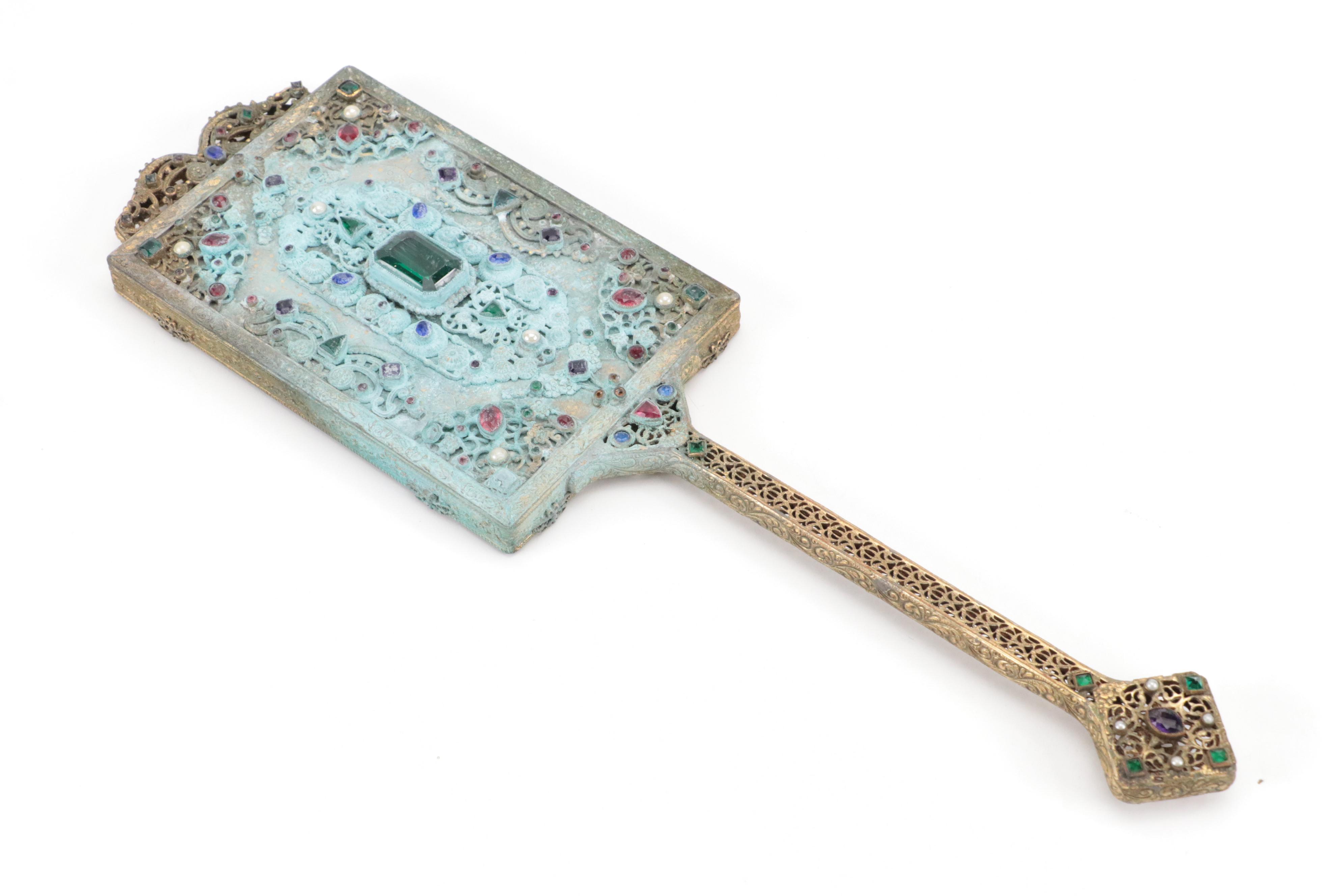 Filigree Hand Mirror with Enameled Compact Mirror, Mirror and Magnifying Glass
