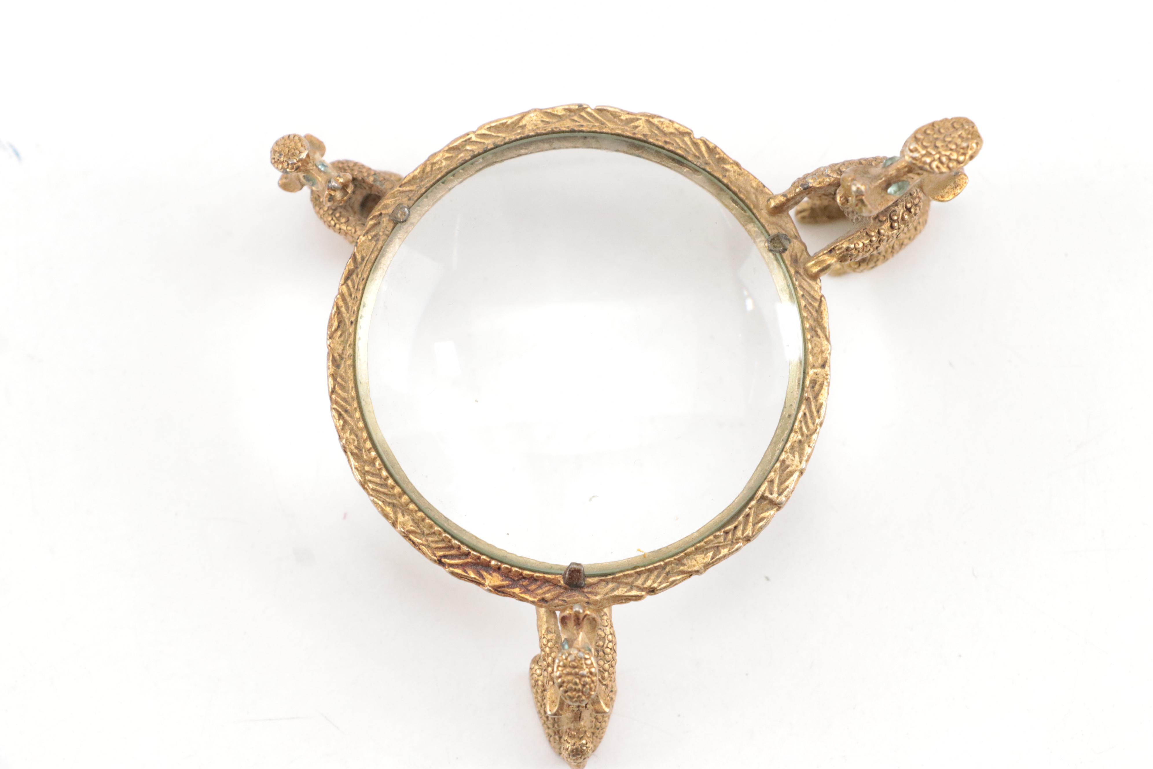 Filigree Hand Mirror with Enameled Compact Mirror, Mirror and Magnifying Glass