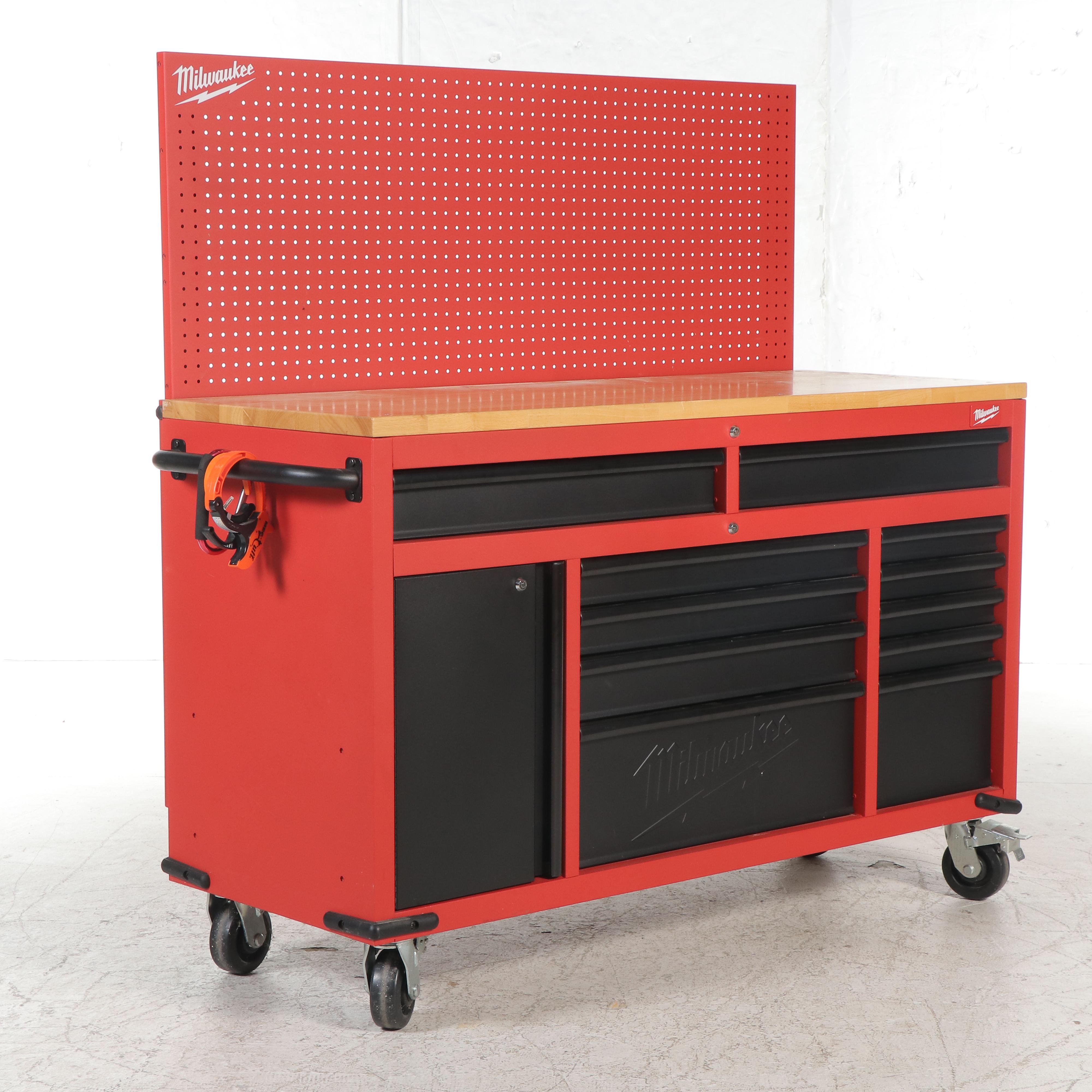 Milwaukee Tool Bench on Locking Casters With Peg Board Organizer and Tools