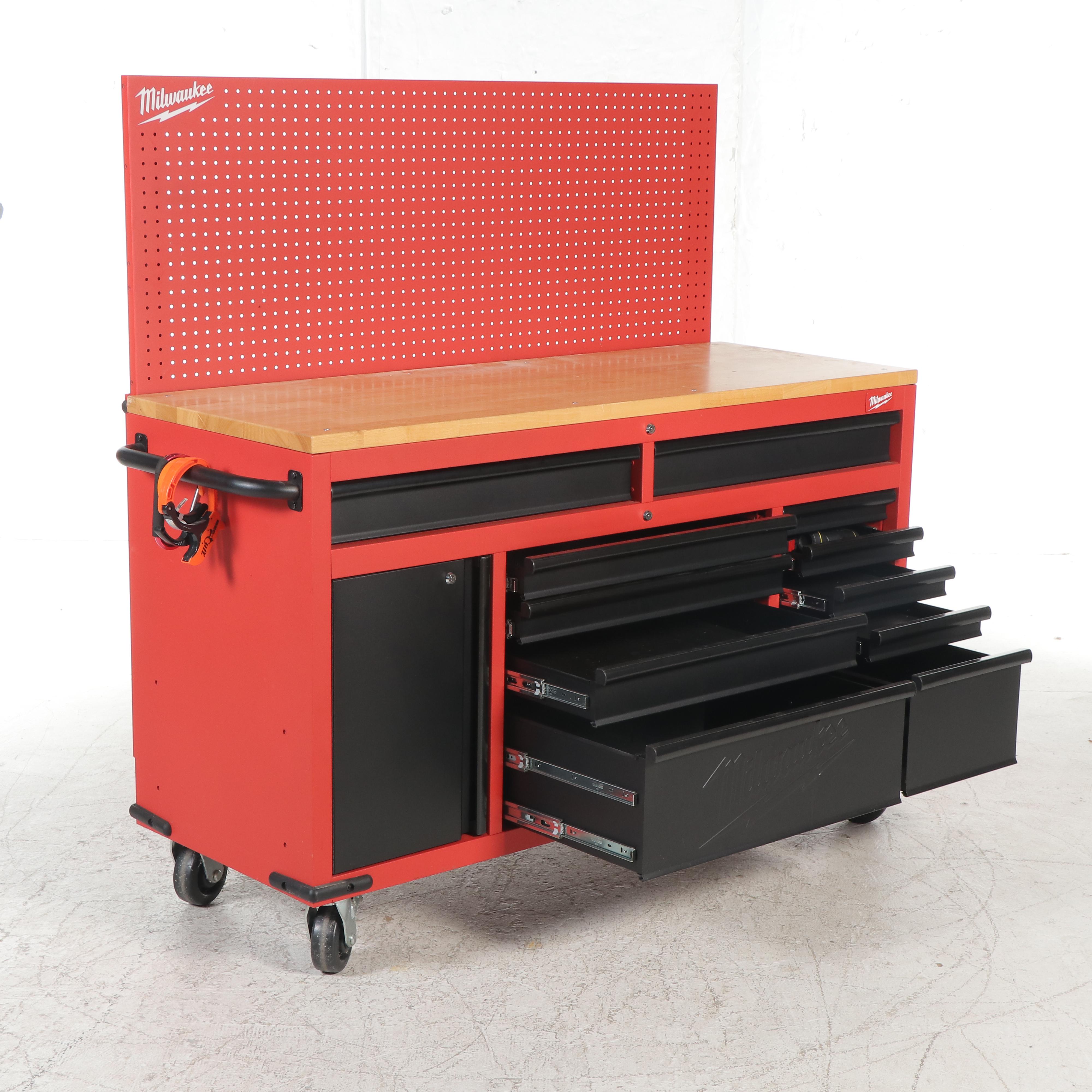Milwaukee Tool Bench on Locking Casters With Peg Board Organizer and Tools