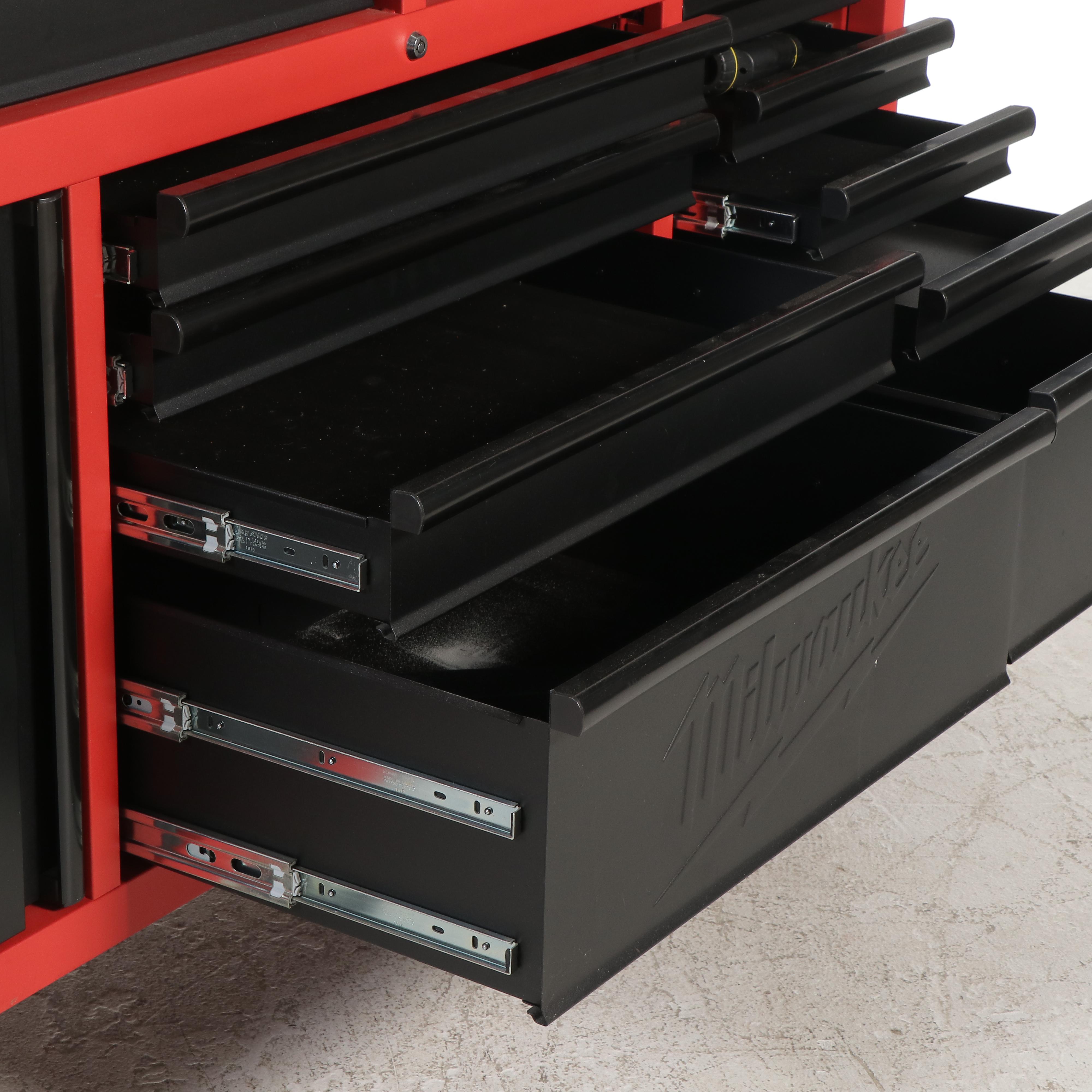 Milwaukee Tool Bench on Locking Casters With Peg Board Organizer and Tools