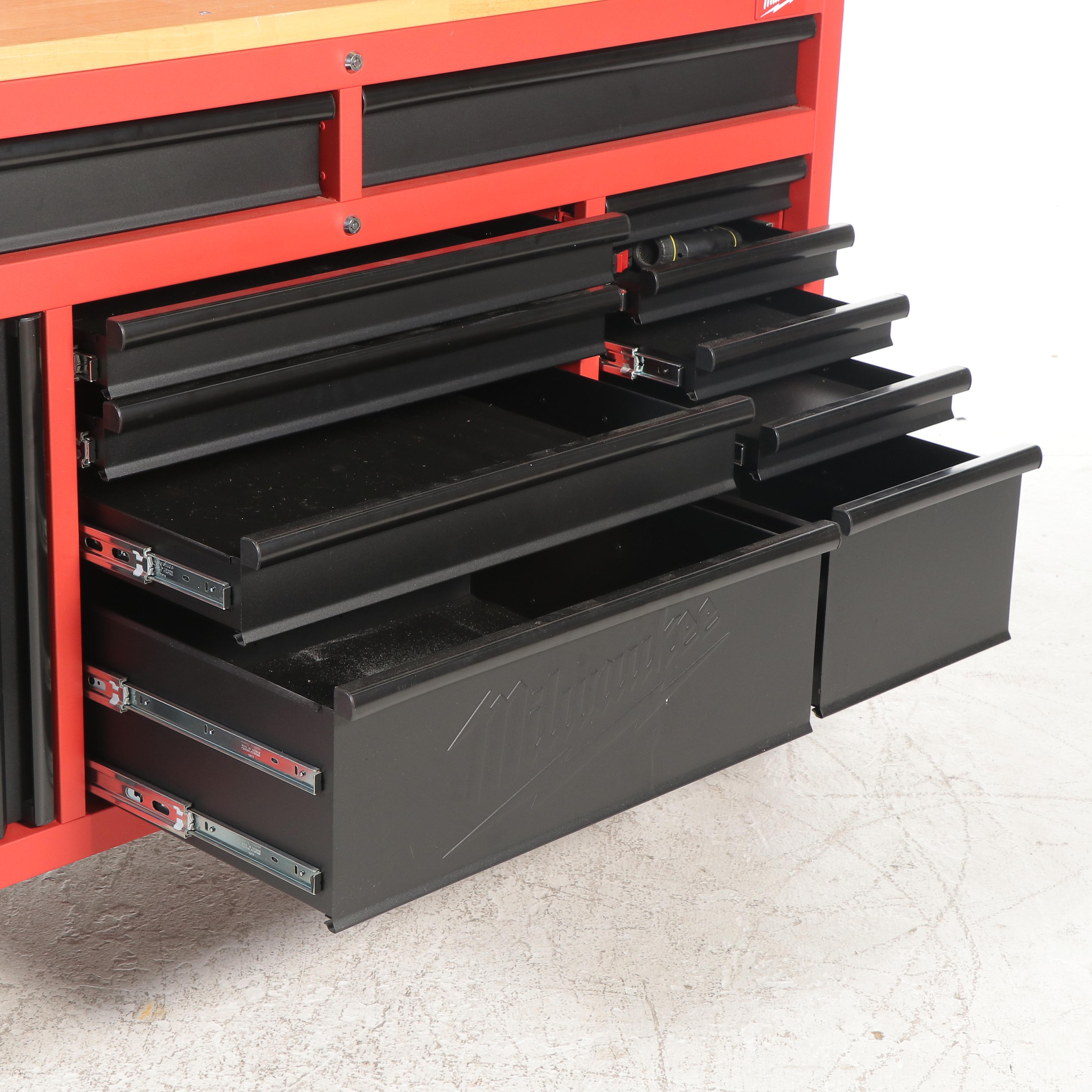 Milwaukee Tool Bench on Locking Casters With Peg Board Organizer and Tools