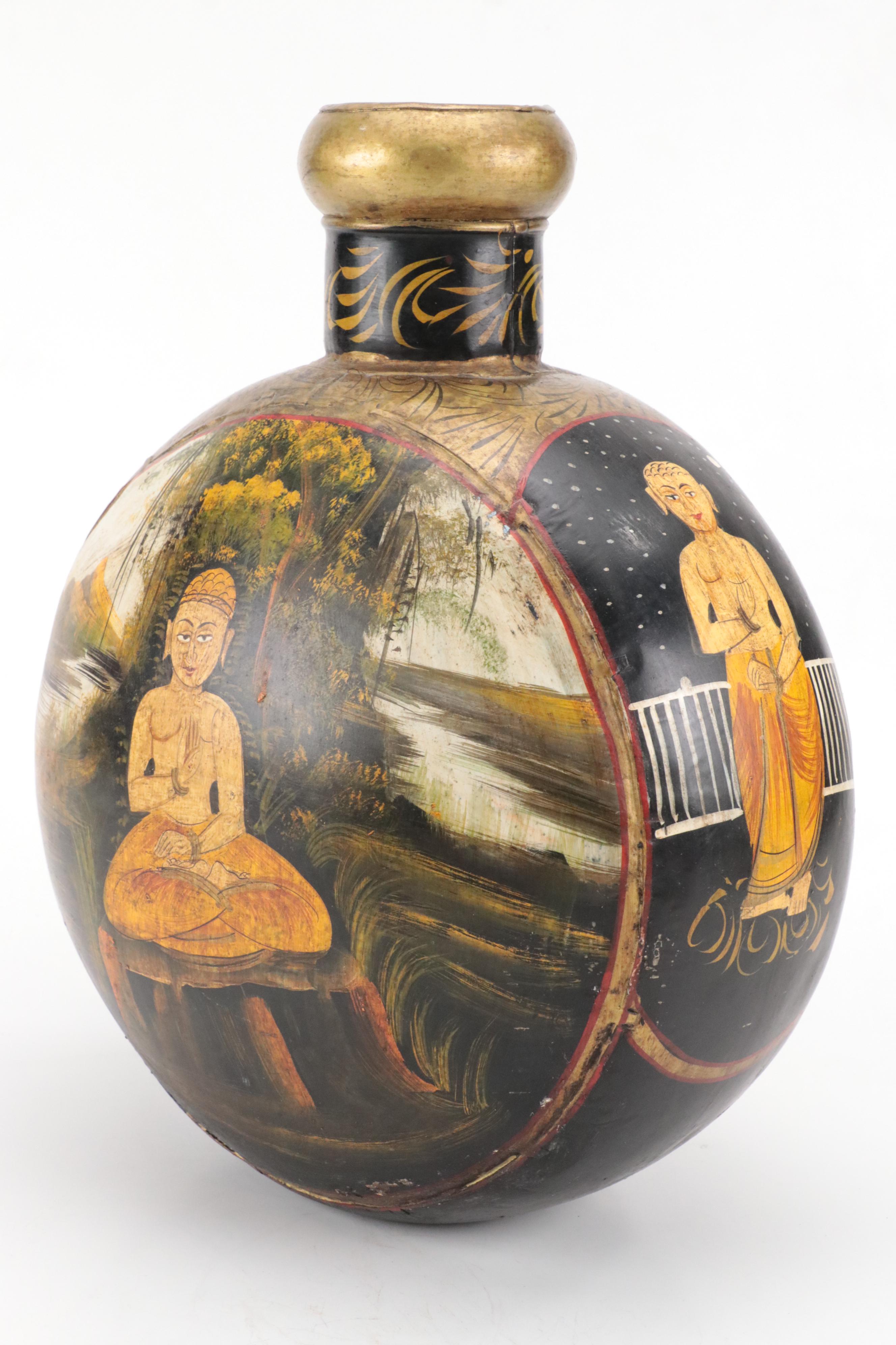 Indian Gilt Hand-Painted Brass Vase with Woven Fiber Rope