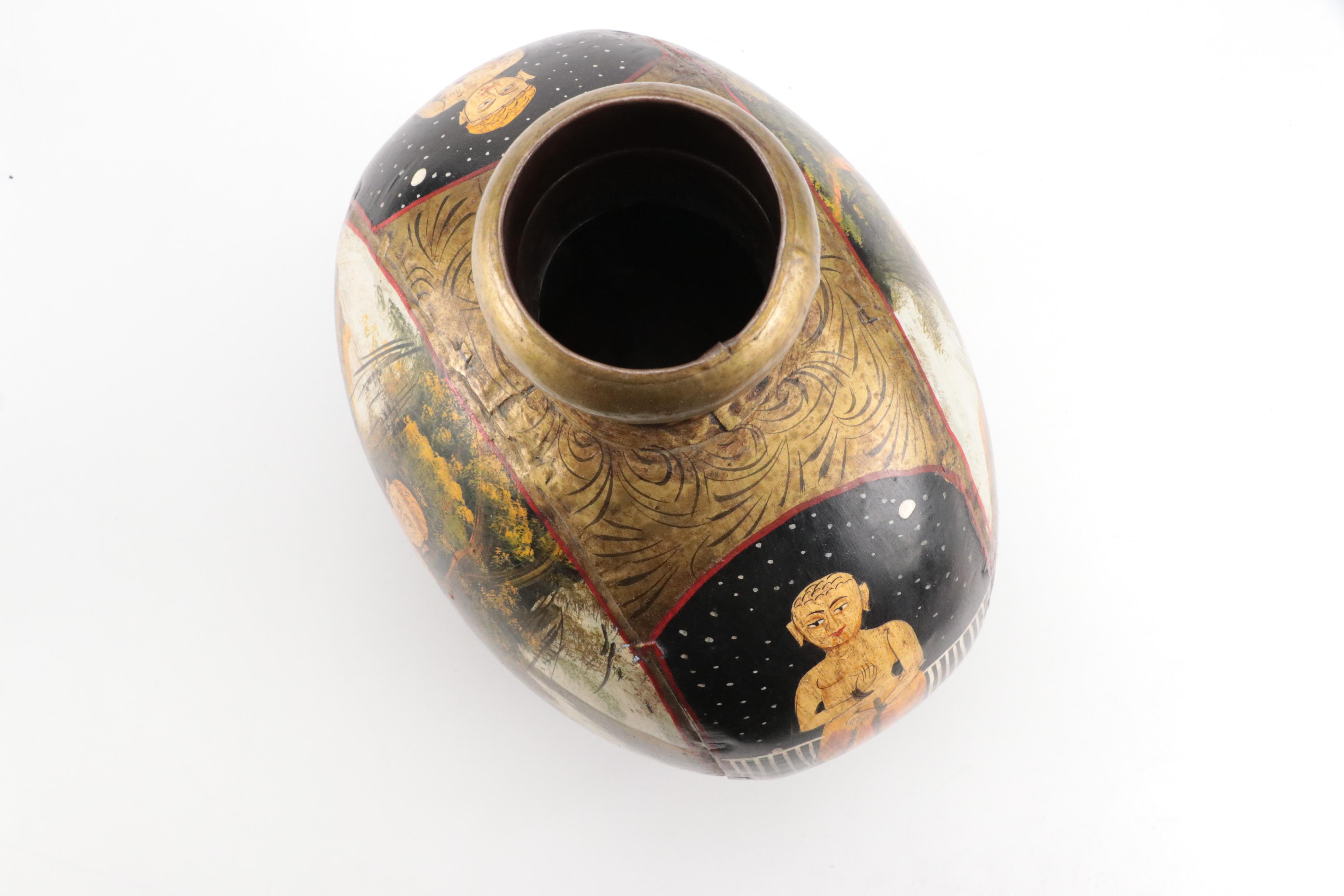 Indian Gilt Hand-Painted Brass Vase with Woven Fiber Rope
