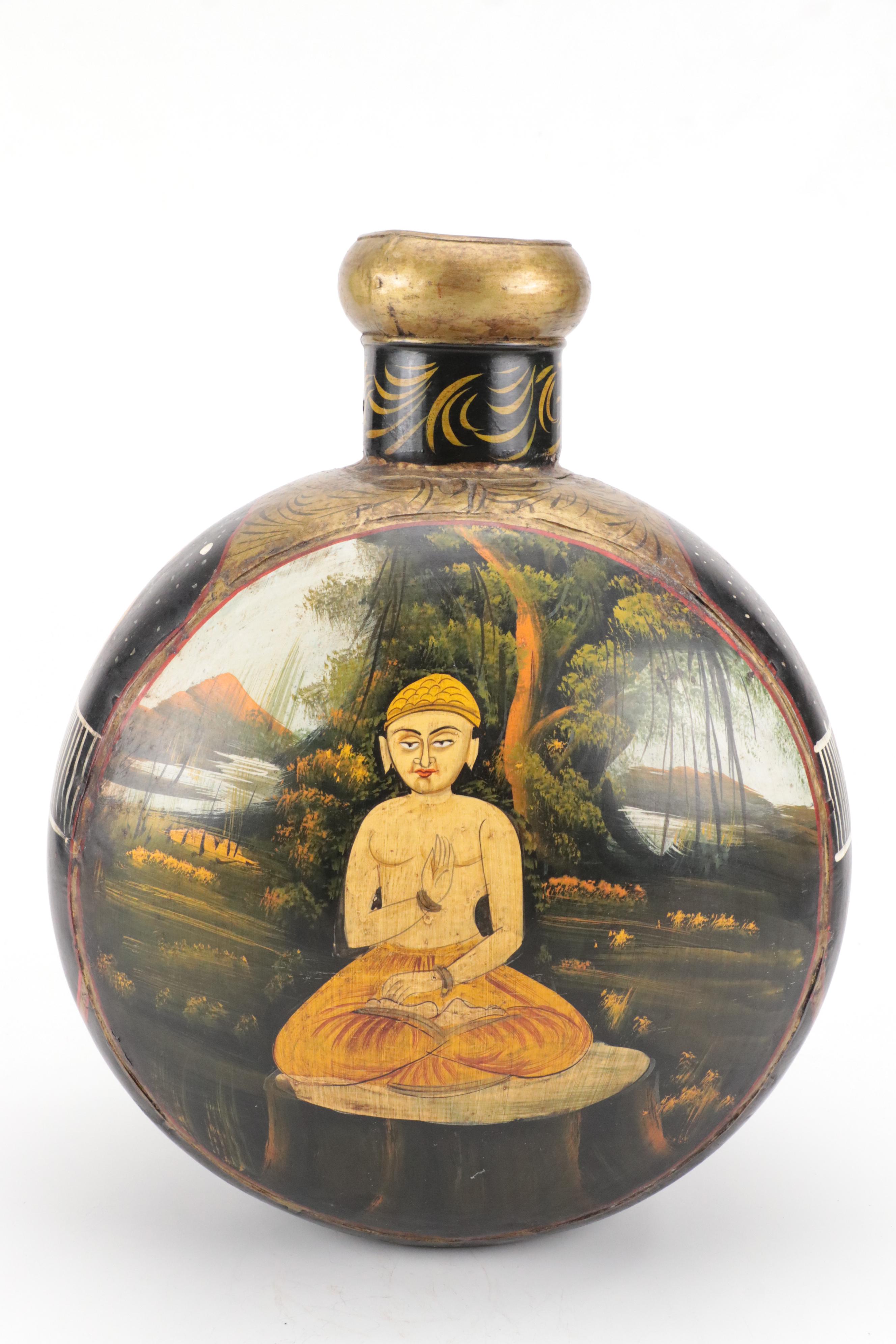 Indian Gilt Hand-Painted Brass Vase with Woven Fiber Rope