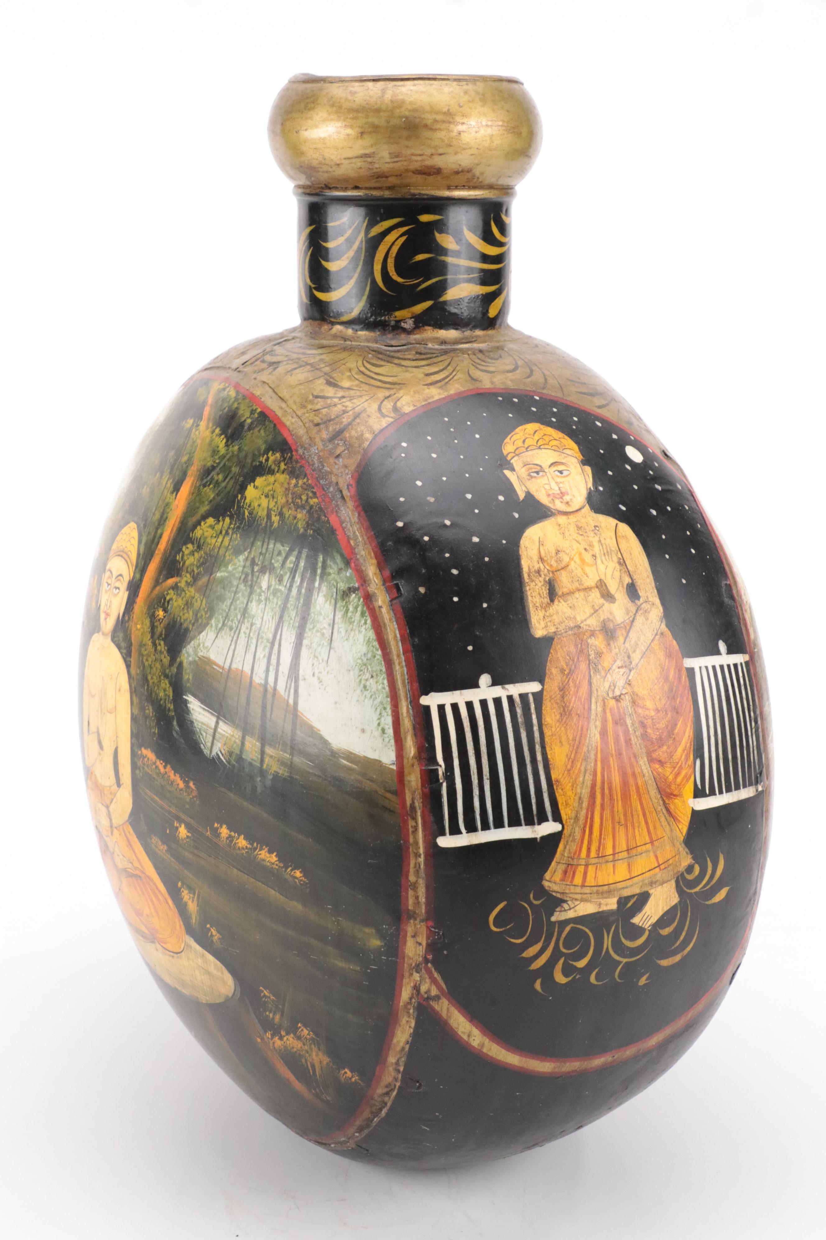 Indian Gilt Hand-Painted Brass Vase with Woven Fiber Rope