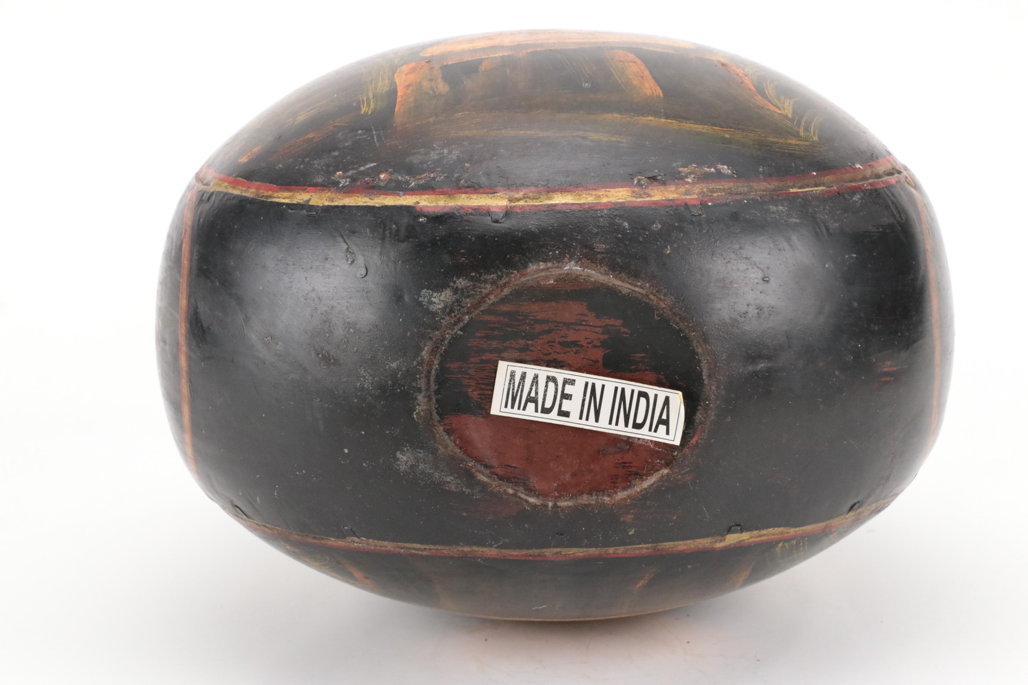 Indian Gilt Hand-Painted Brass Vase with Woven Fiber Rope