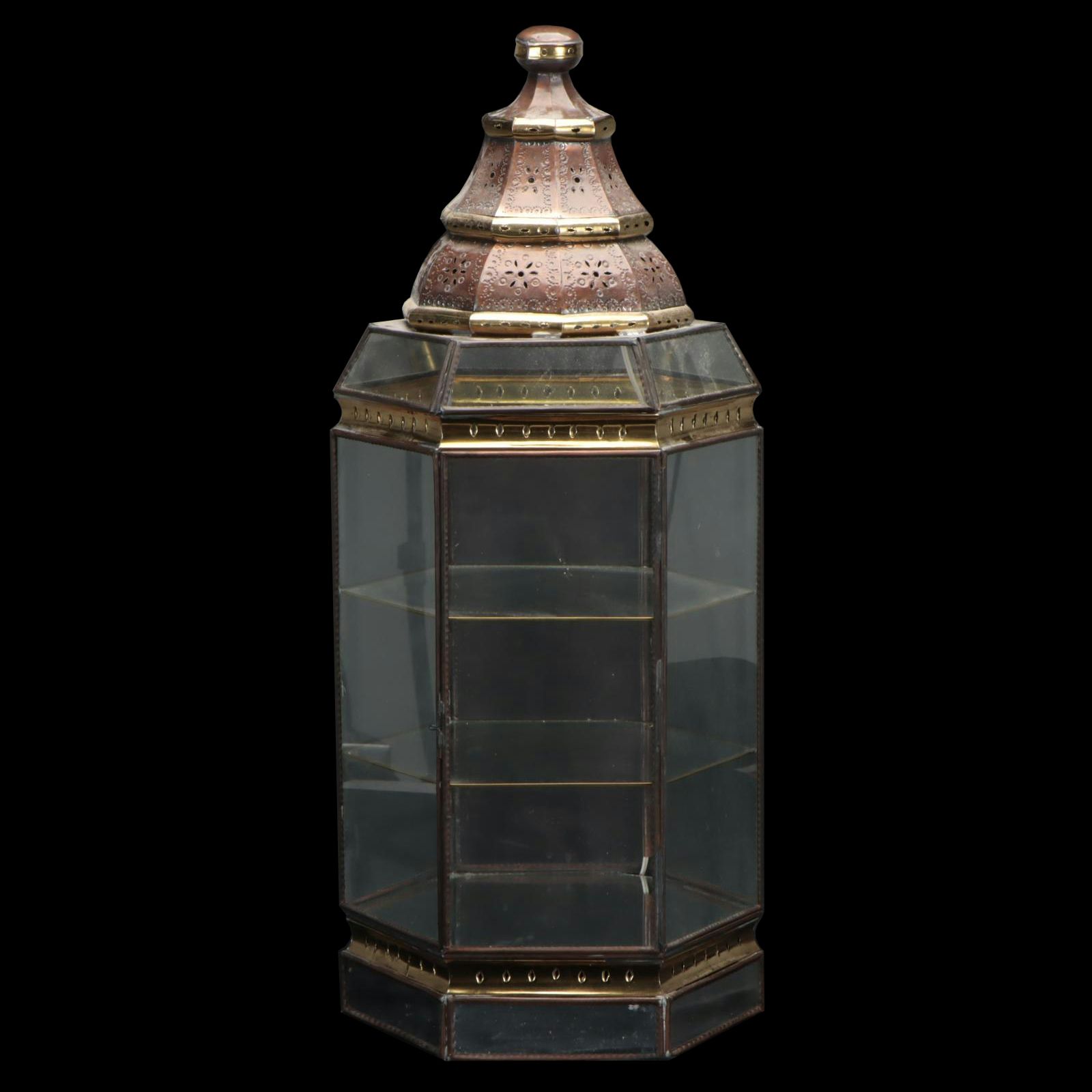 Hexagonal Glass and Metal Display Cabinet Table Lamp