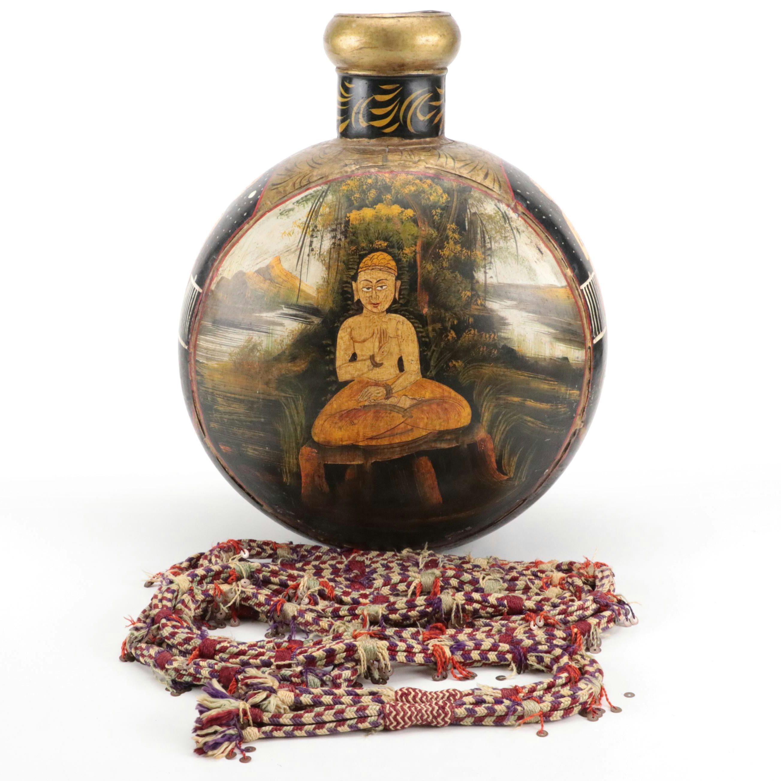 Indian Gilt Hand-Painted Brass Vase with Woven Fiber Rope