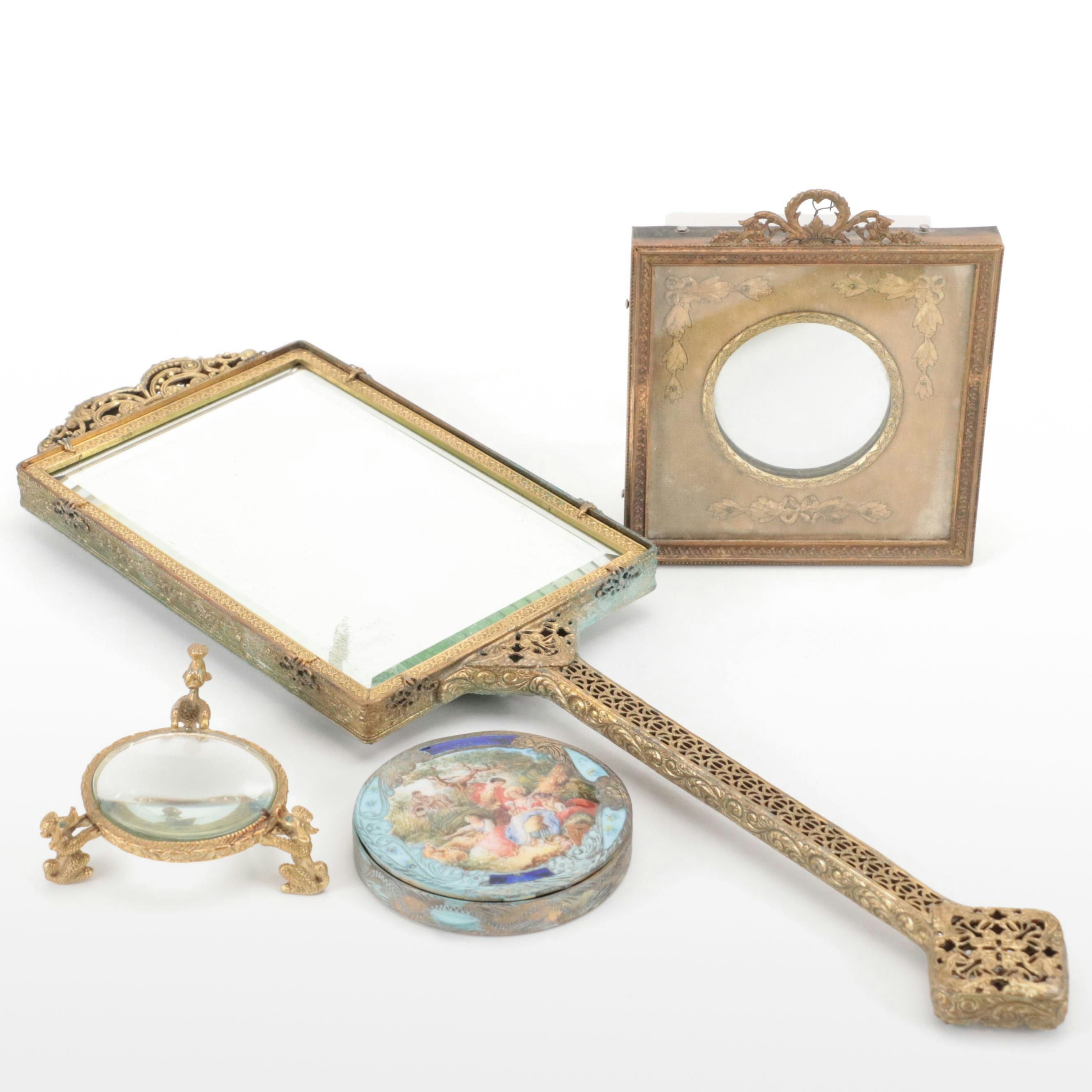Filigree Hand Mirror with Enameled Compact Mirror, Mirror and Magnifying Glass