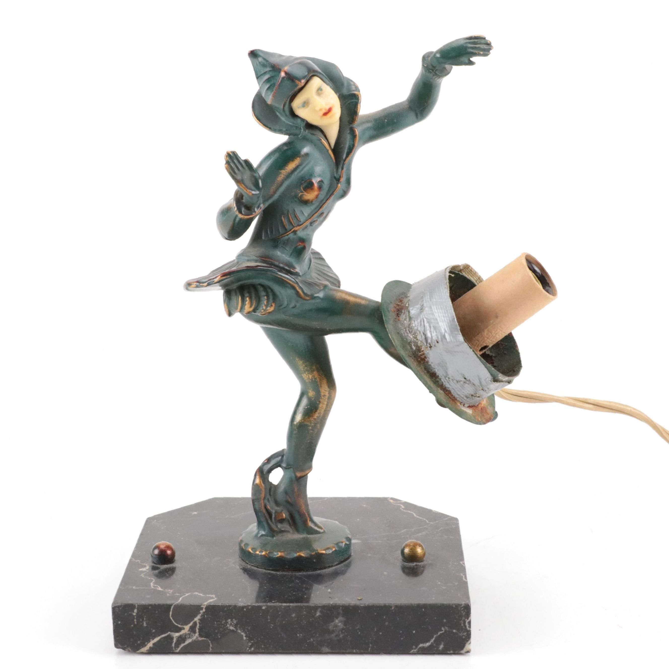 Art Deco Spelter Harlequin Table Lamp with Marble Base, Early 20th Century