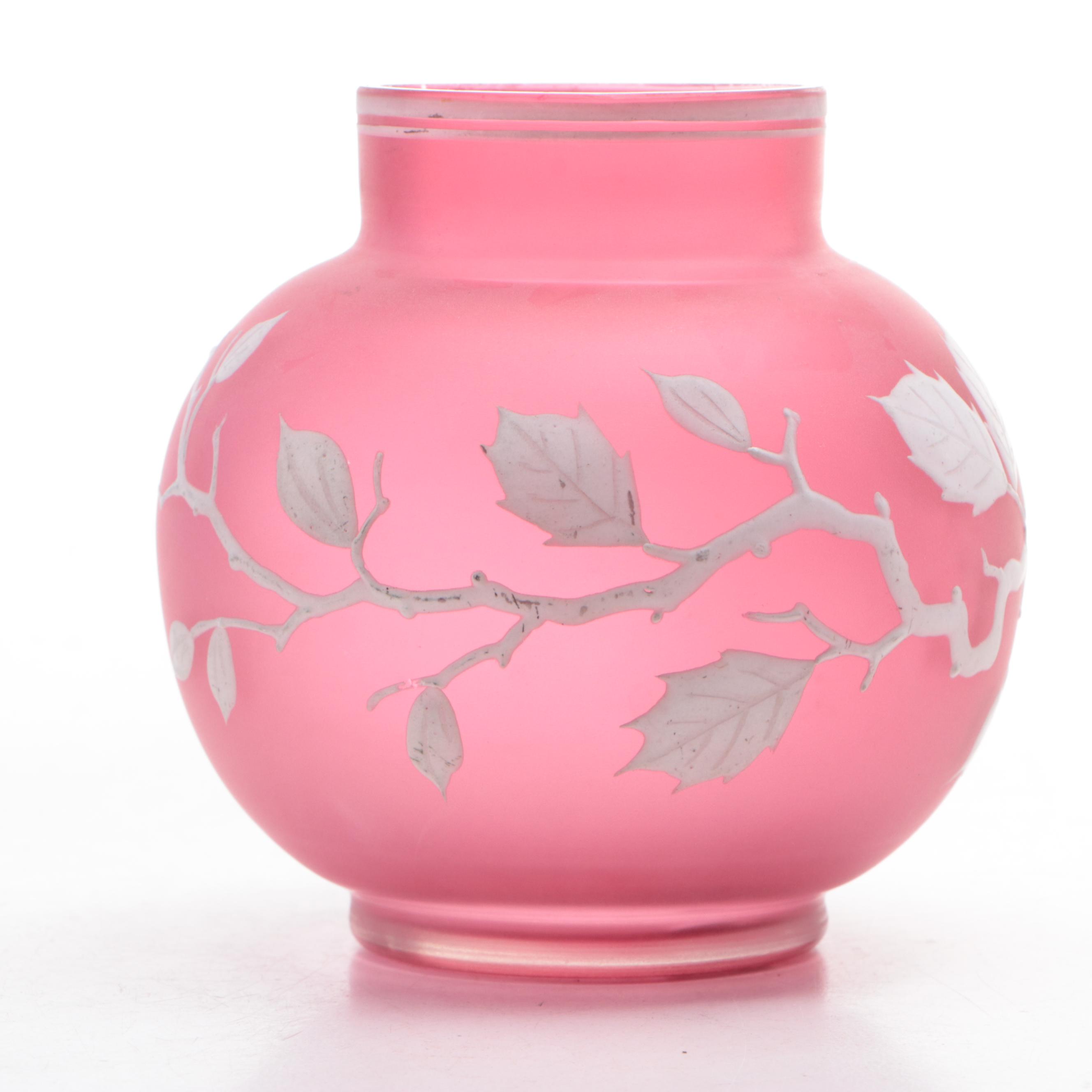 Victorian Style Prussian Blue and Pink Hand-Painted Enameled Satin Glass Vases