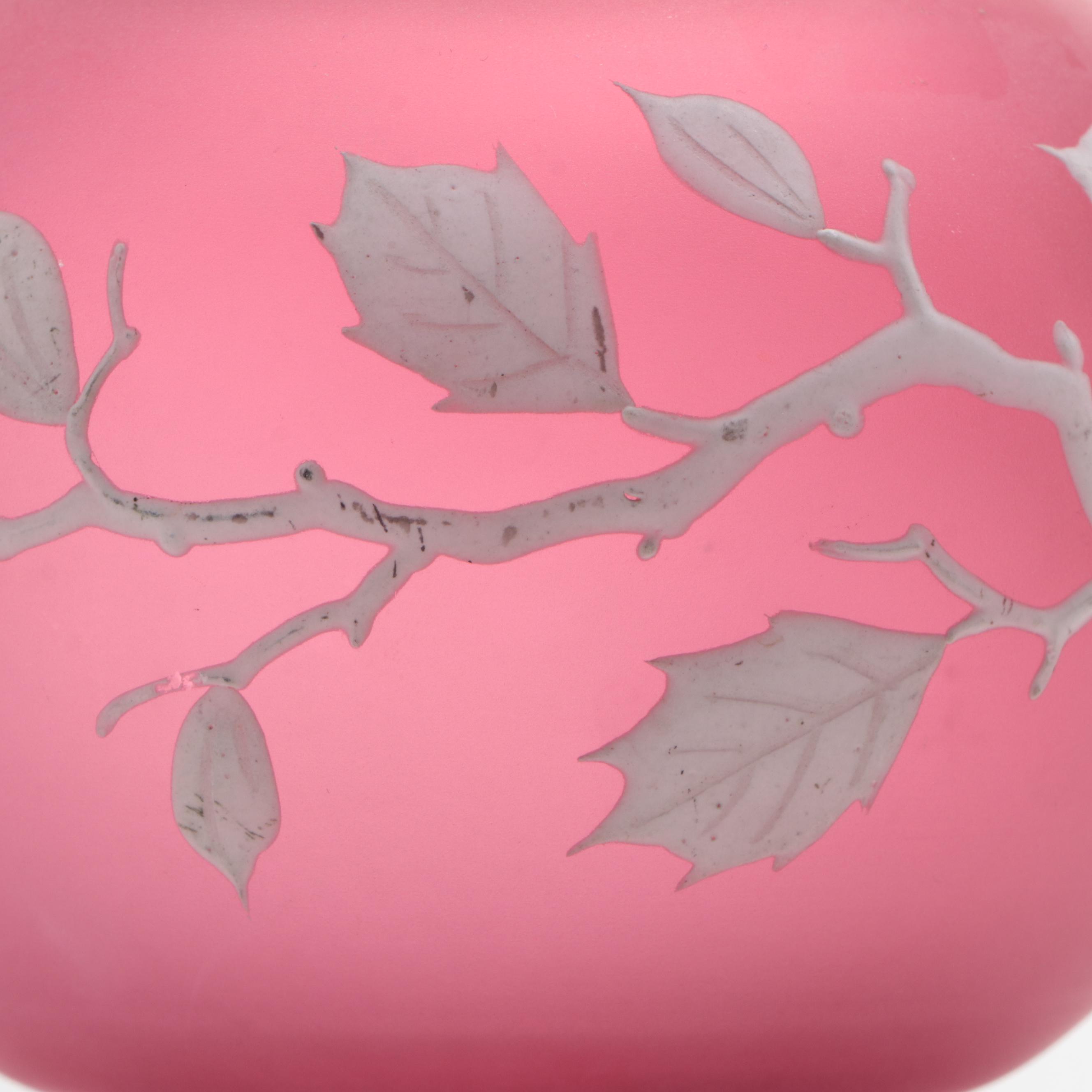 Victorian Style Prussian Blue and Pink Hand-Painted Enameled Satin Glass Vases