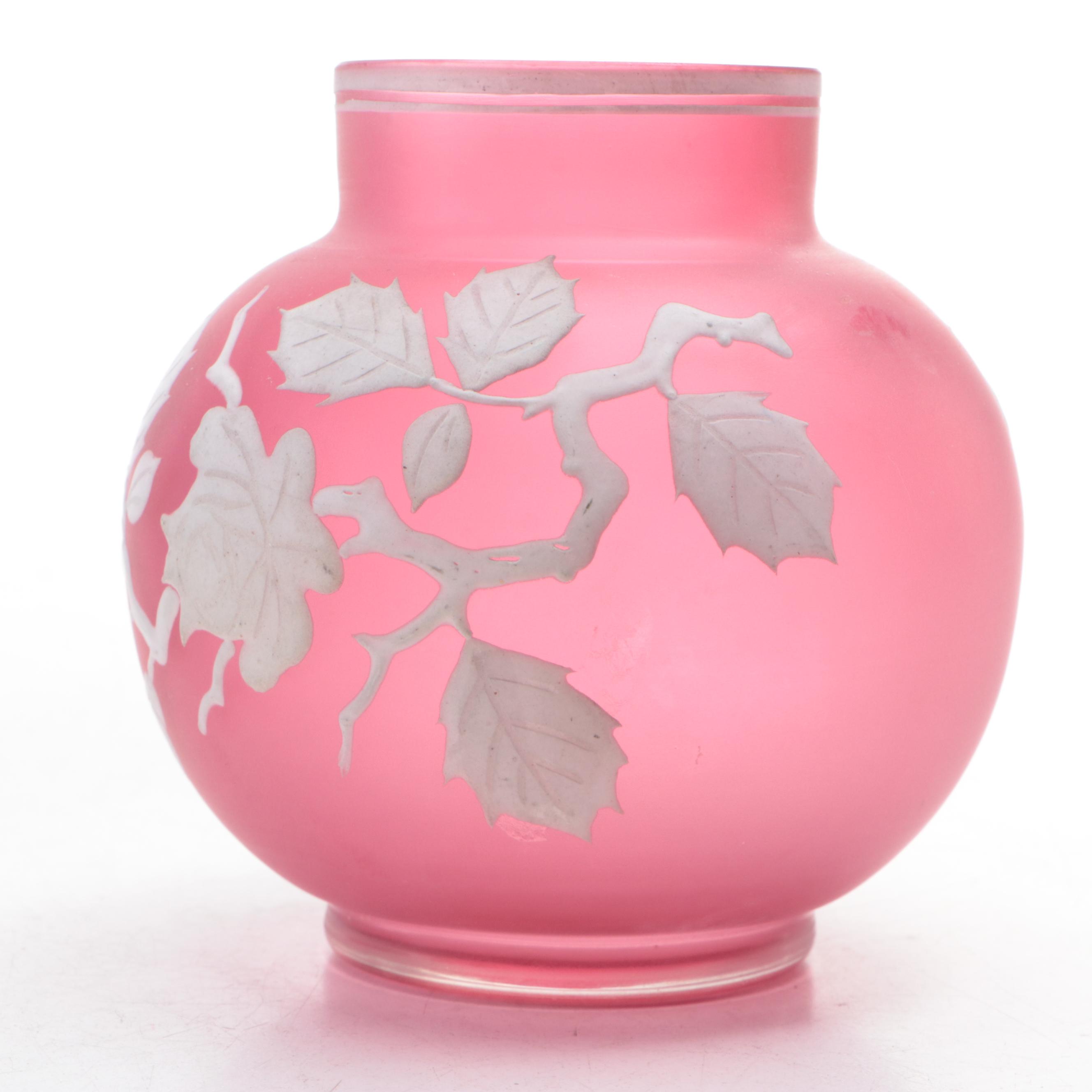 Victorian Style Prussian Blue and Pink Hand-Painted Enameled Satin Glass Vases