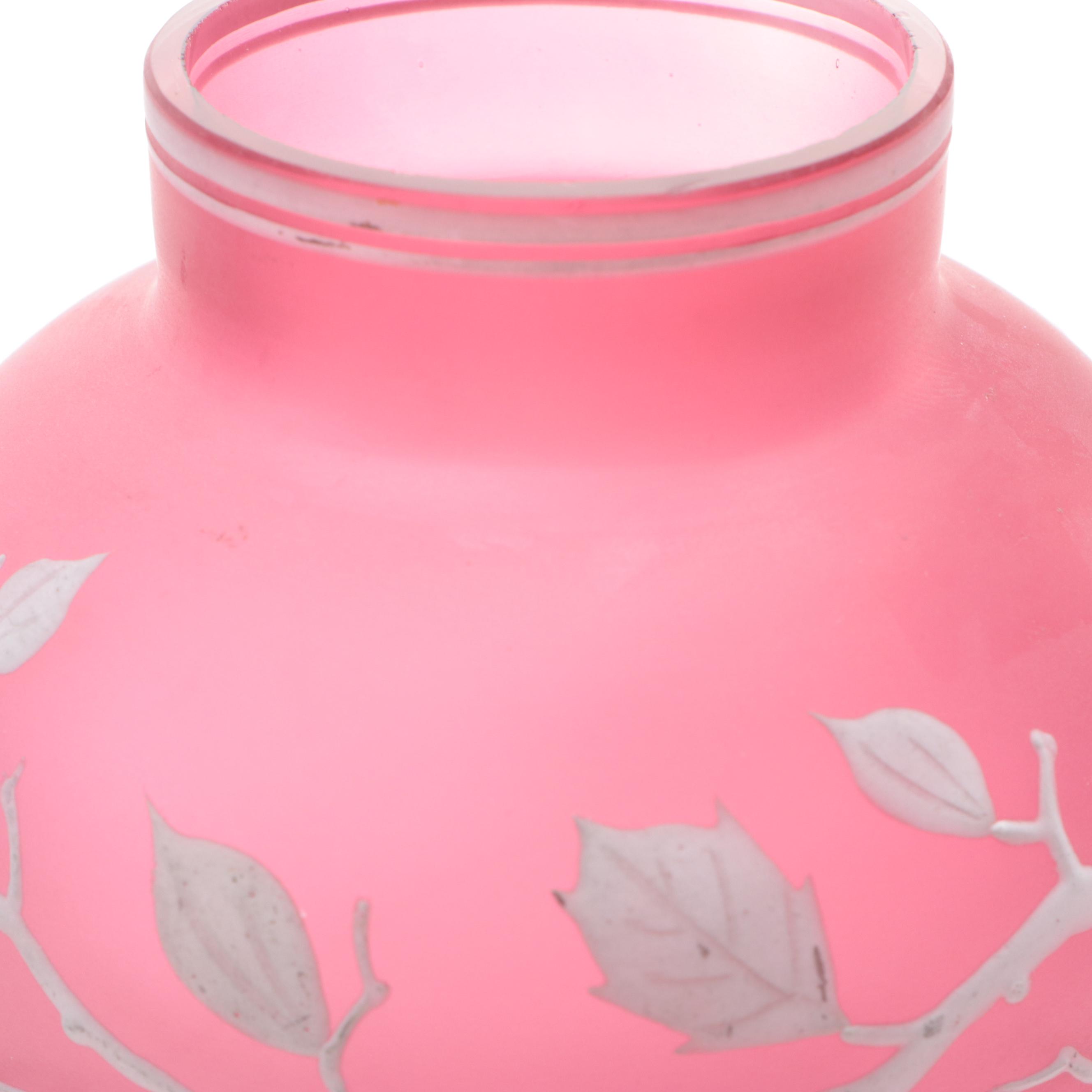 Victorian Style Prussian Blue and Pink Hand-Painted Enameled Satin Glass Vases