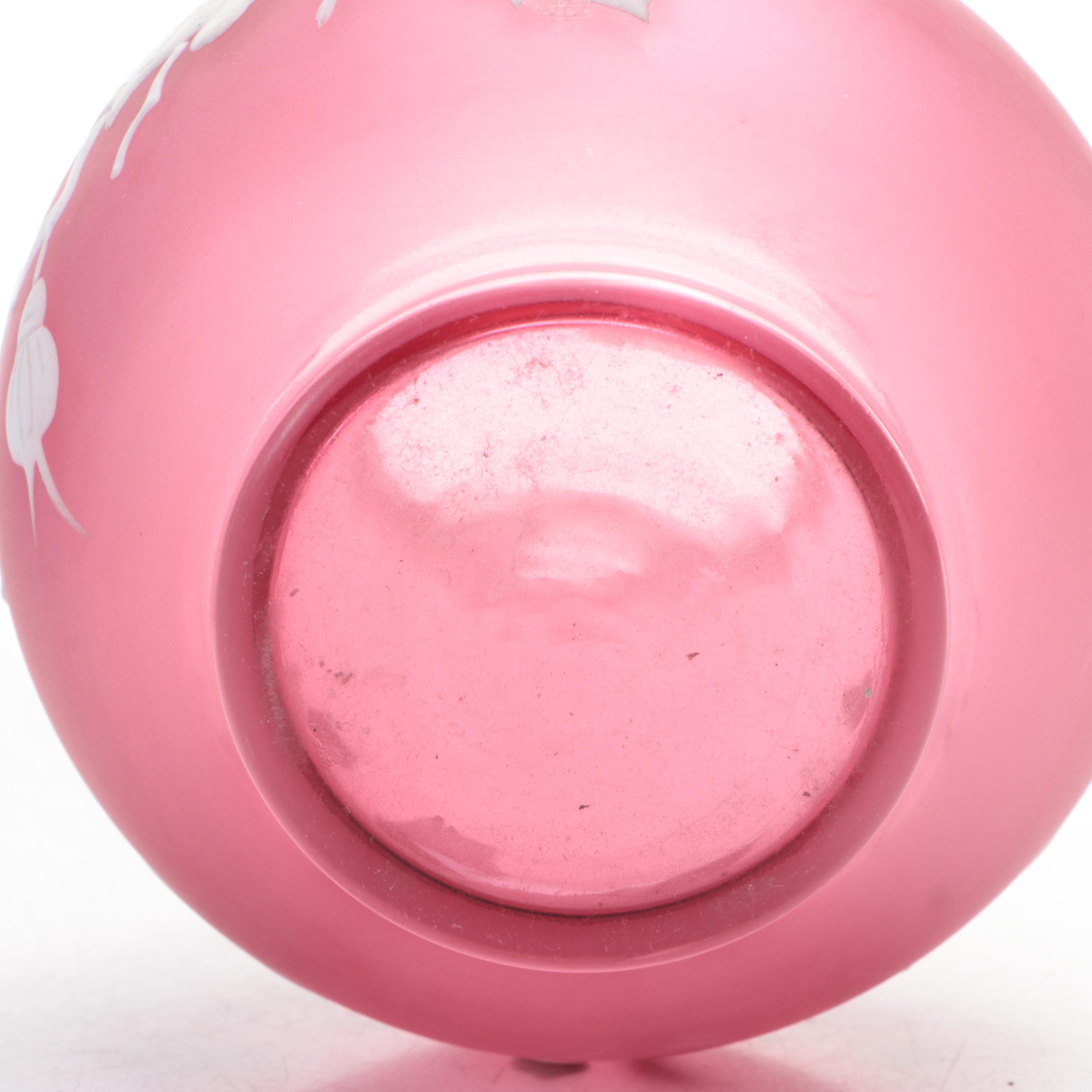 Victorian Style Prussian Blue and Pink Hand-Painted Enameled Satin Glass Vases