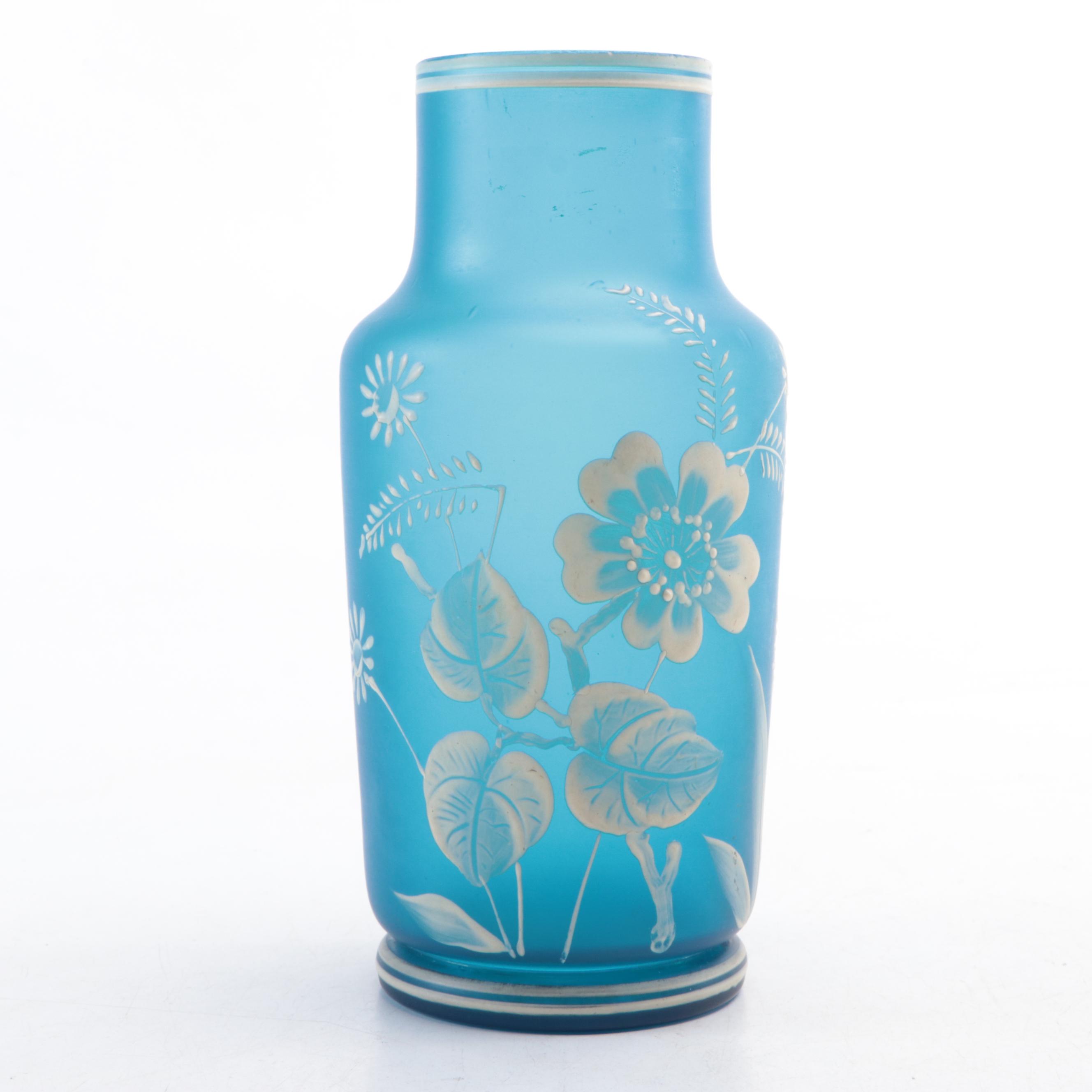 Victorian Style Prussian Blue and Pink Hand-Painted Enameled Satin Glass Vases