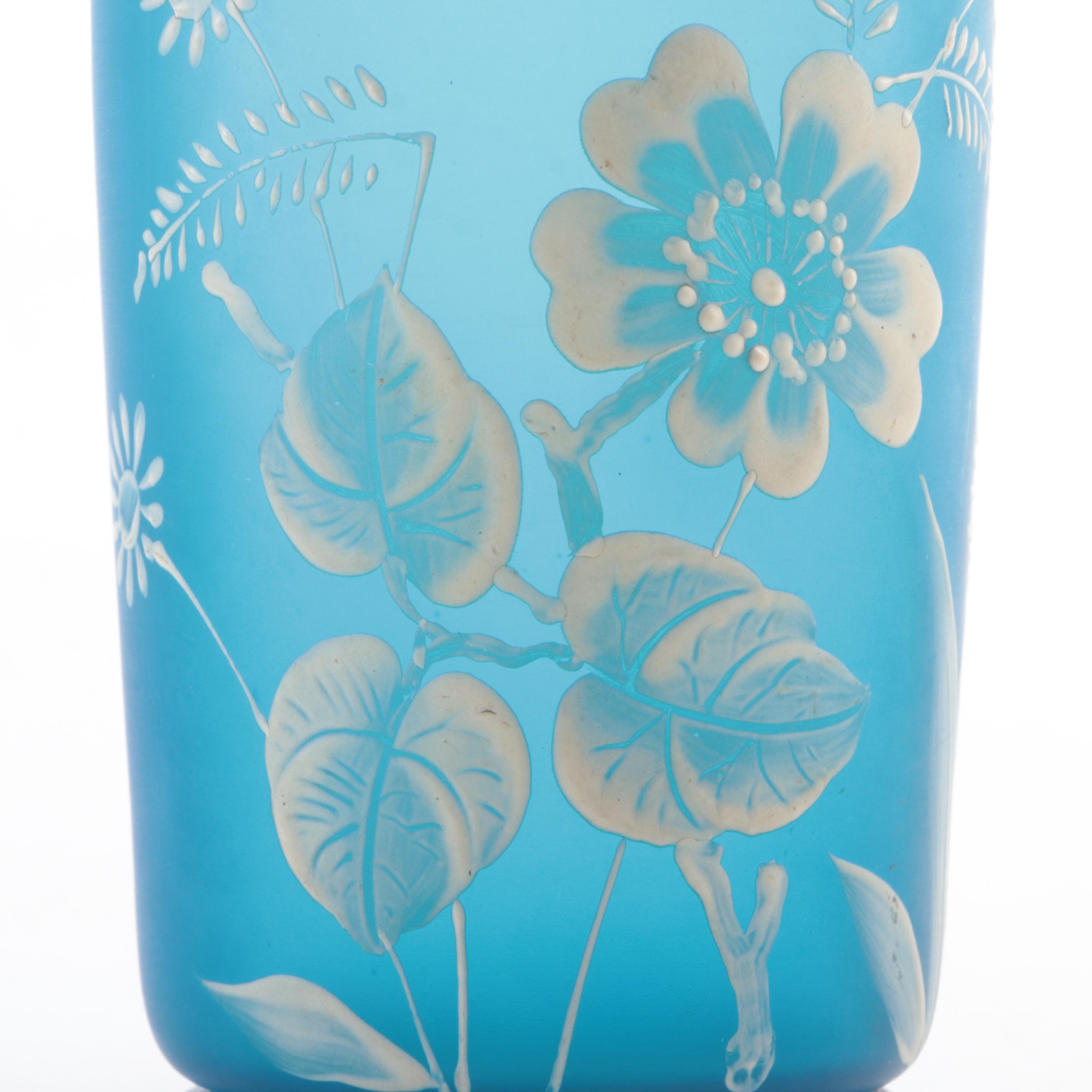 Victorian Style Prussian Blue and Pink Hand-Painted Enameled Satin Glass Vases