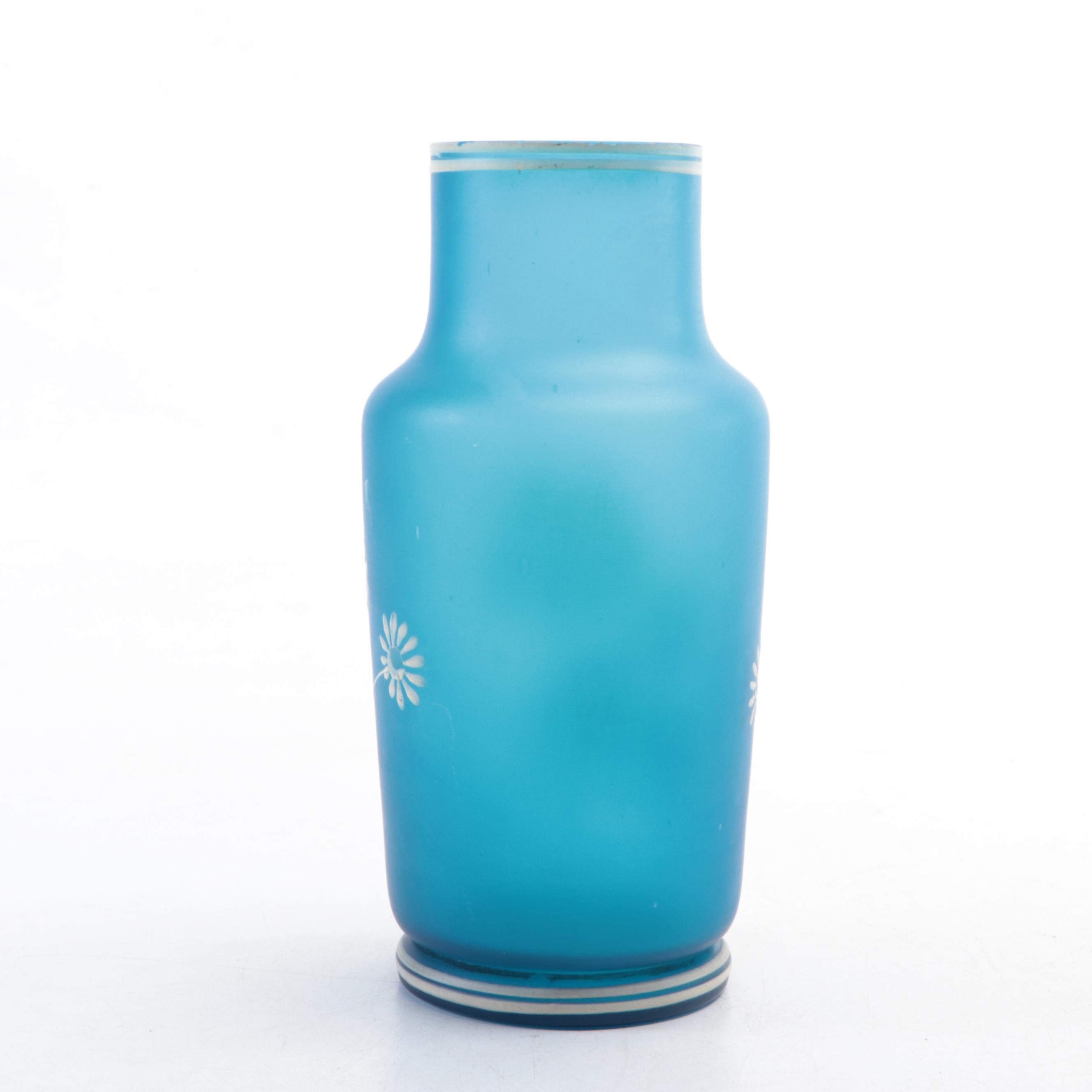 Victorian Style Prussian Blue and Pink Hand-Painted Enameled Satin Glass Vases