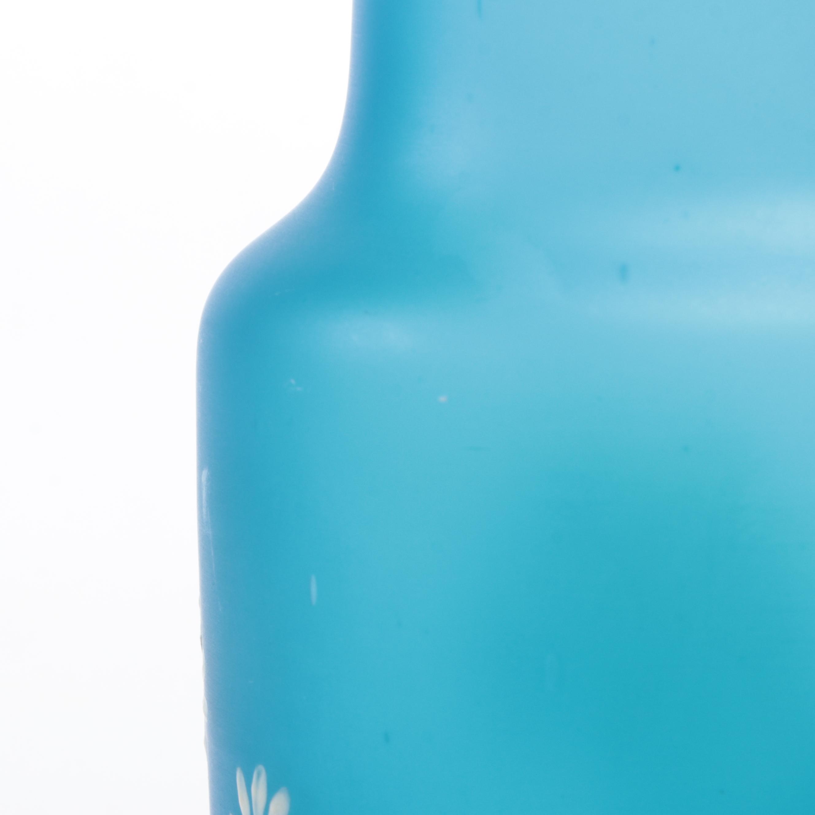 Victorian Style Prussian Blue and Pink Hand-Painted Enameled Satin Glass Vases